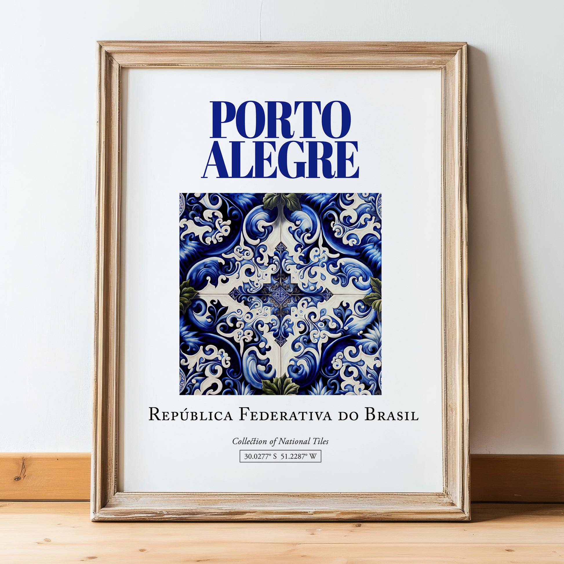 Porto Alegre, Brasil – Retro Travel Poster, in wooden frame leaning on the floor