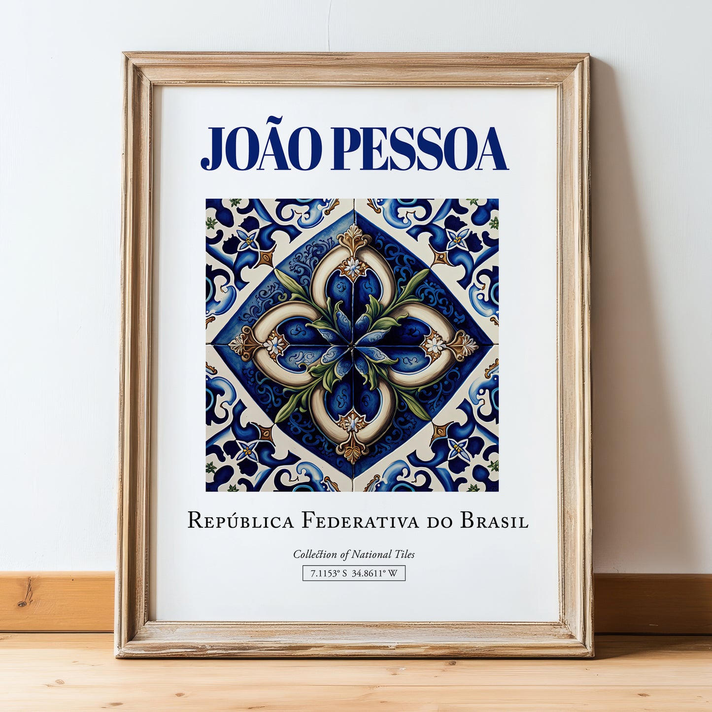 João Pessoa, Brasil – Minimalist Travel Print, in wooden frame leaning on the floor