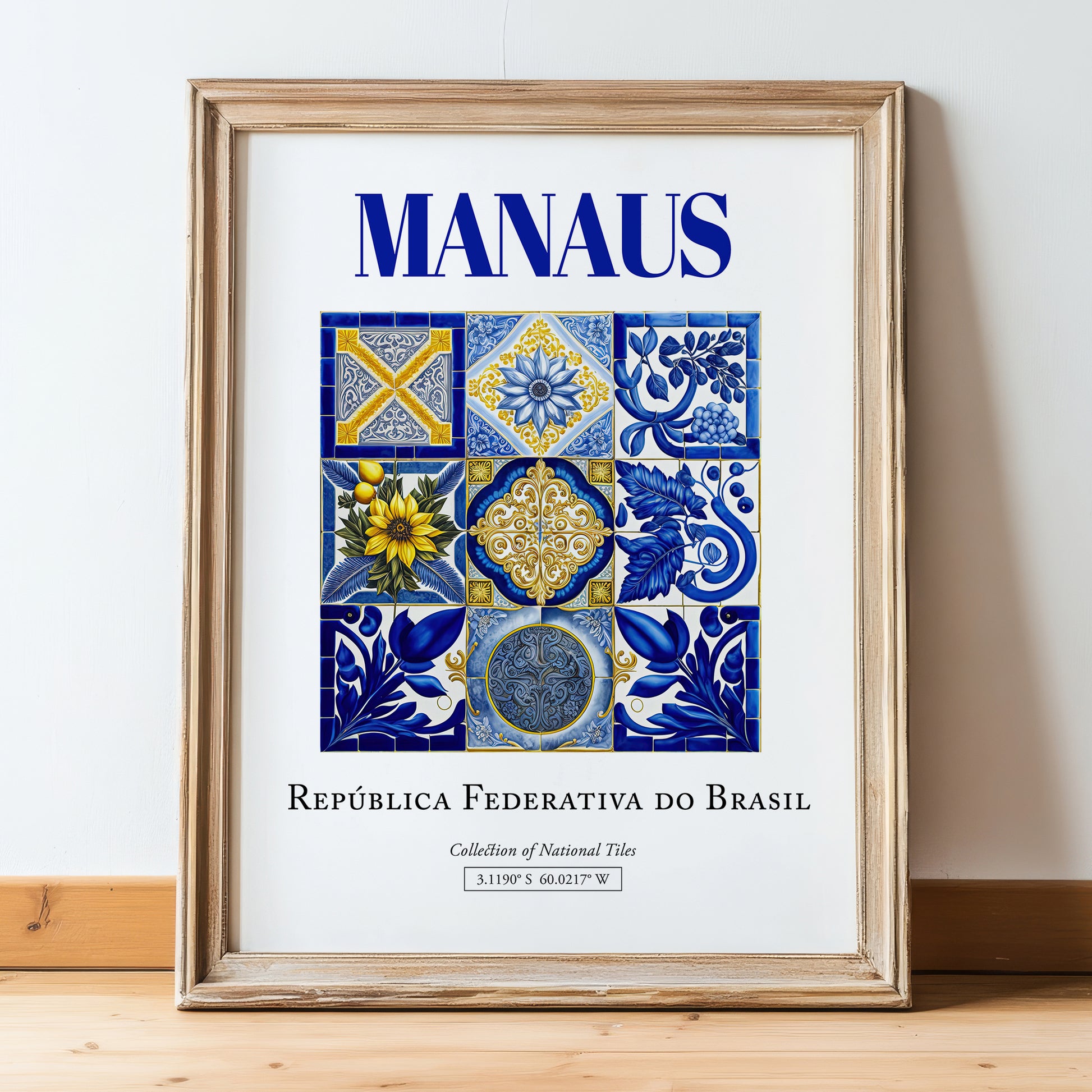 Manaus, Brasil – Travel Wall Decor, in wooden frame leaning on the floor