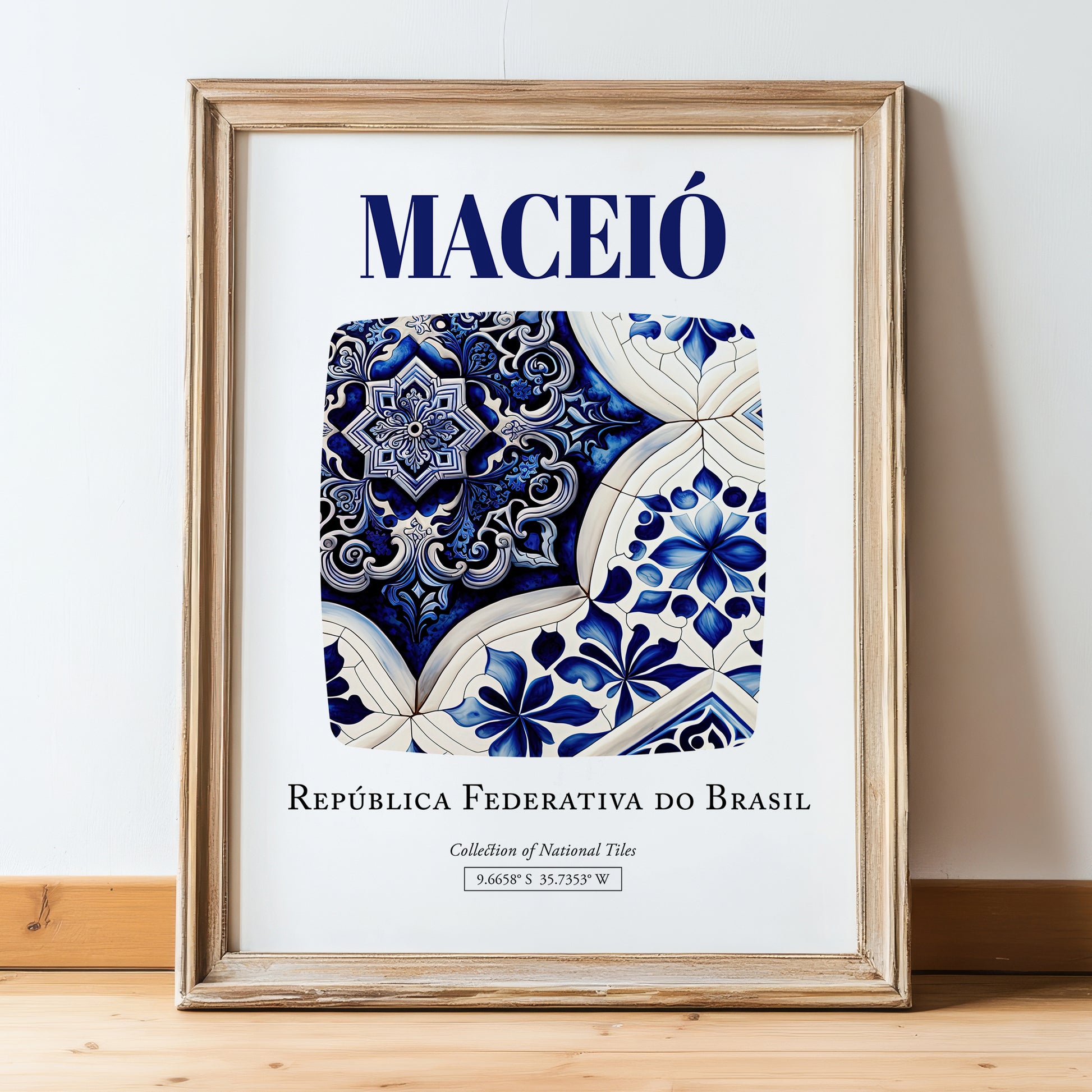 Maceió, Brasil – Travel Poster, in wooden frame leaning on the floor