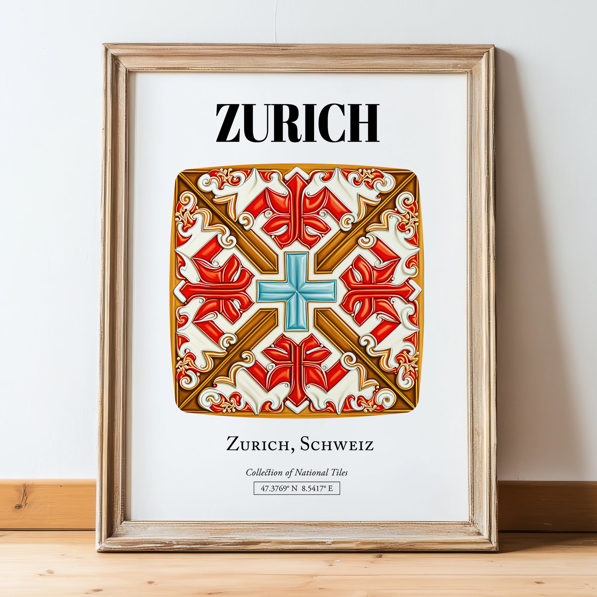 Zurich, Switzerland – Vintage Travel Poster, in wooden frame leaning on the floor