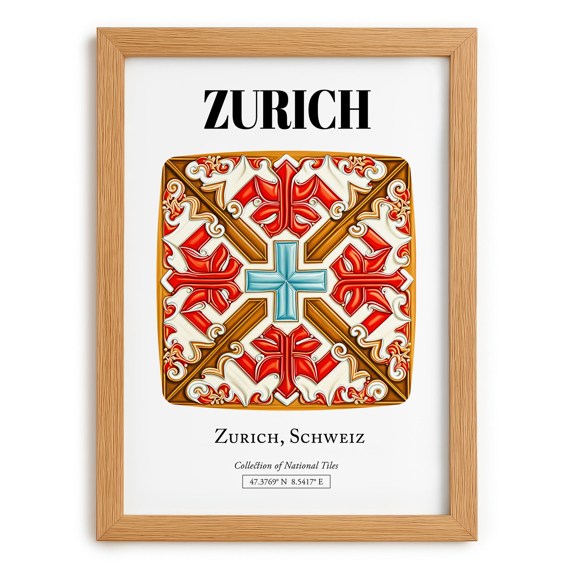 Zurich, Switzerland – Vintage Travel Poster, set in oak frame