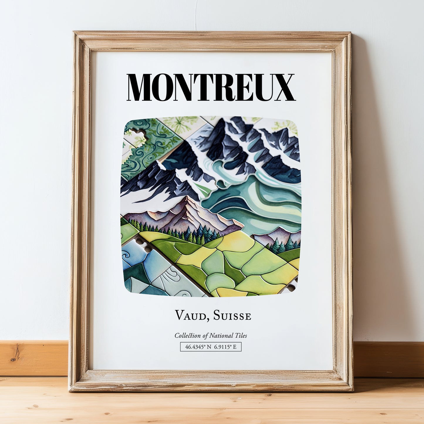 Montreux, Switzerland – Travel Wall Decor, in wooden frame leaning on the floor