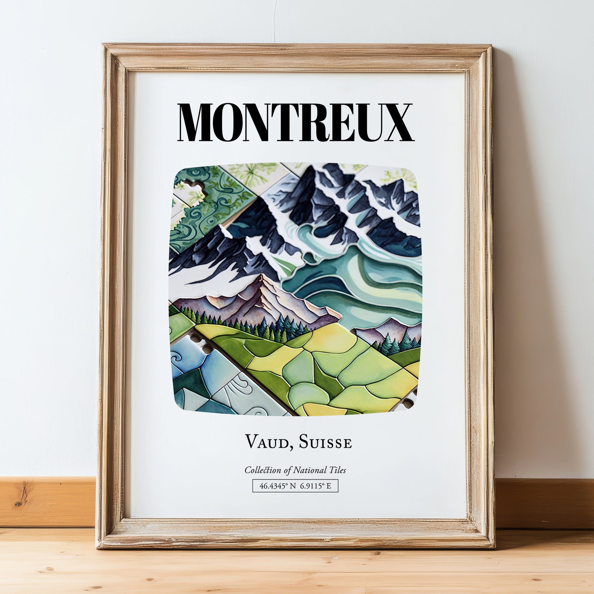 Montreux, Switzerland – Travel Wall Decor, in wooden frame leaning on the floor