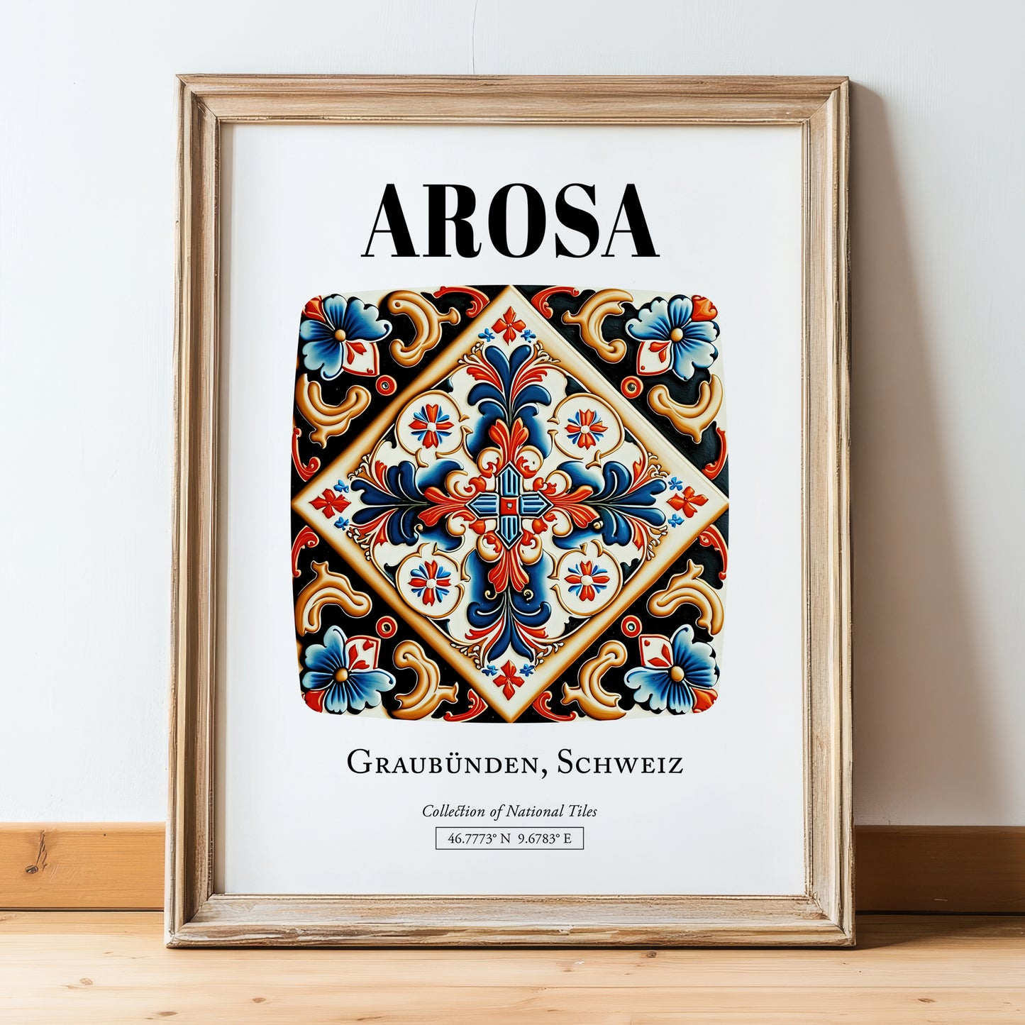 Arosa, Switzerland – Travel Poster, in wooden frame leaning on the floor