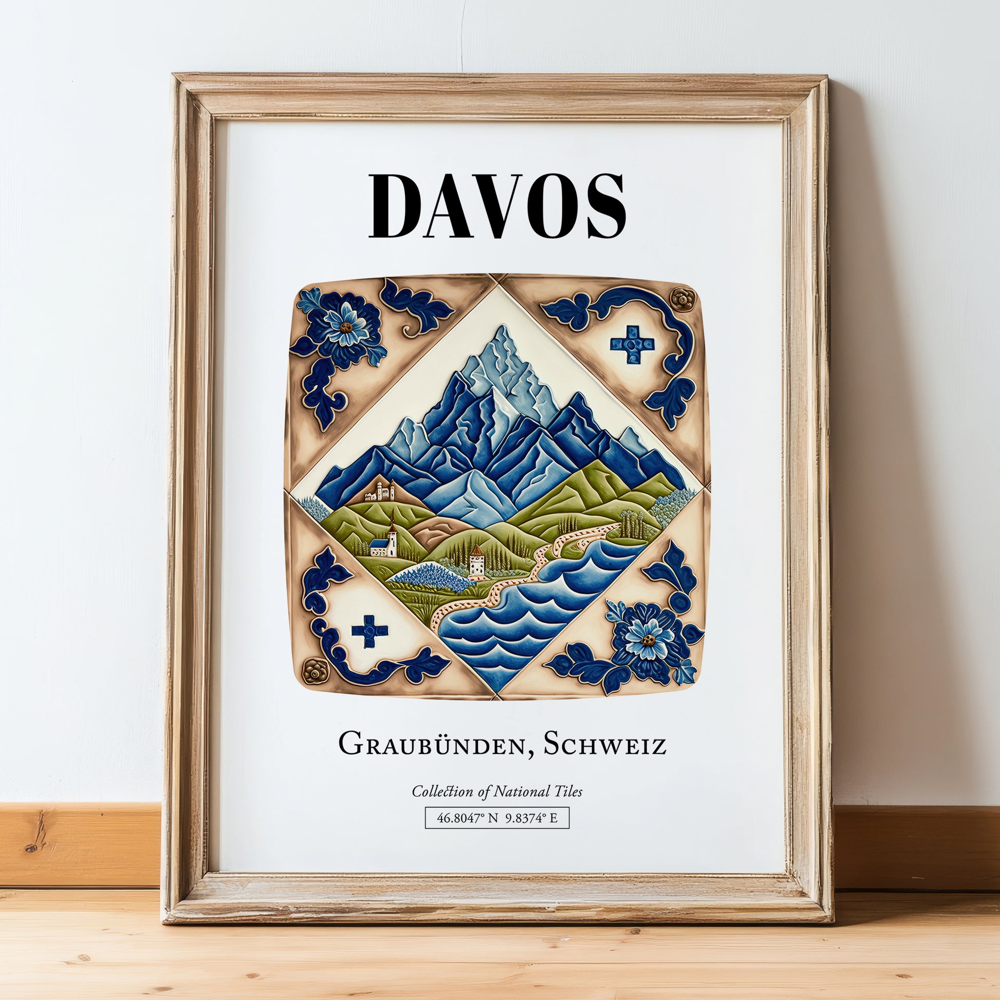 Davos, Switzerland – World Travel Art, in wooden frame leaning on the floor