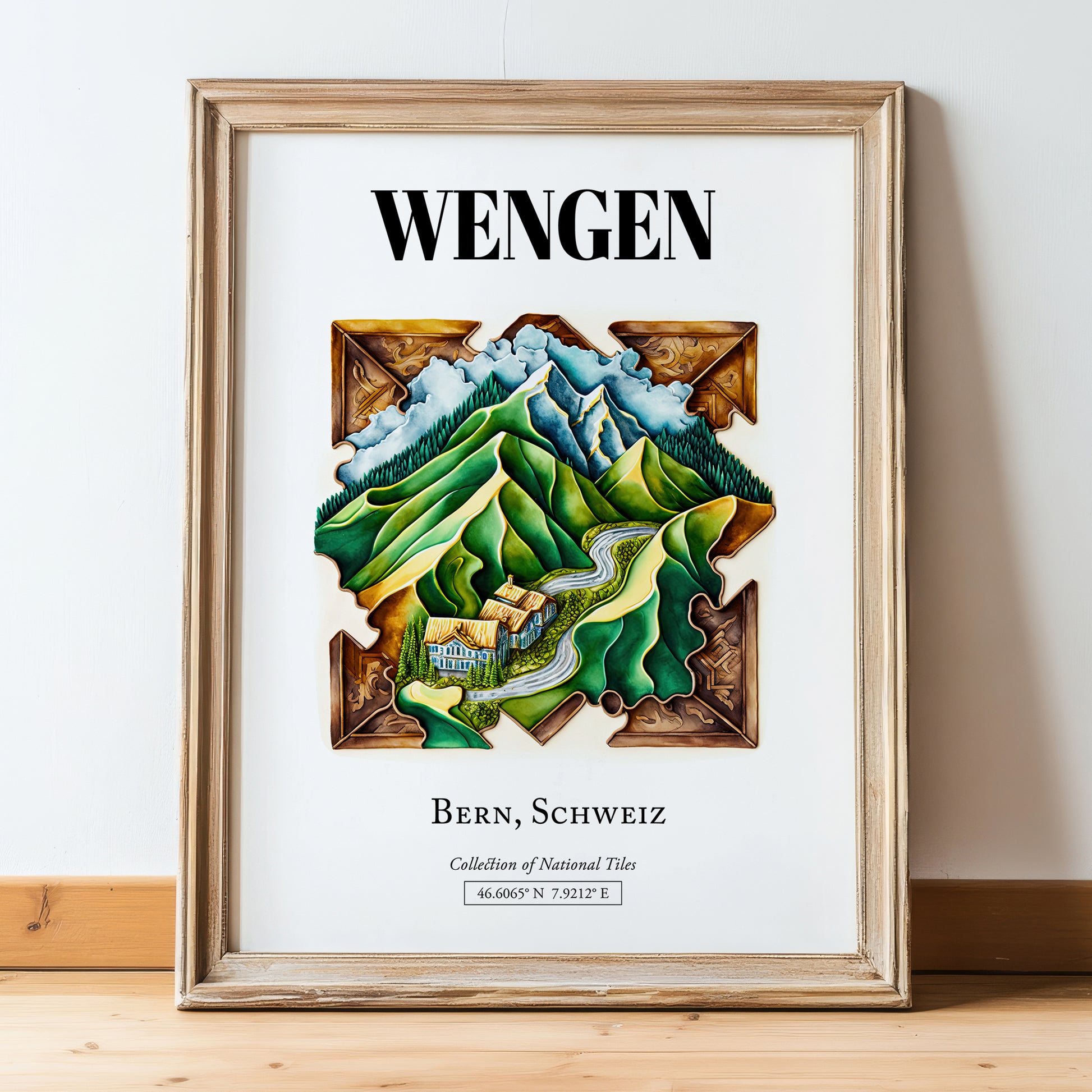 Wengen, Switzerland – Travel Poster, in wooden frame leaning on the floor