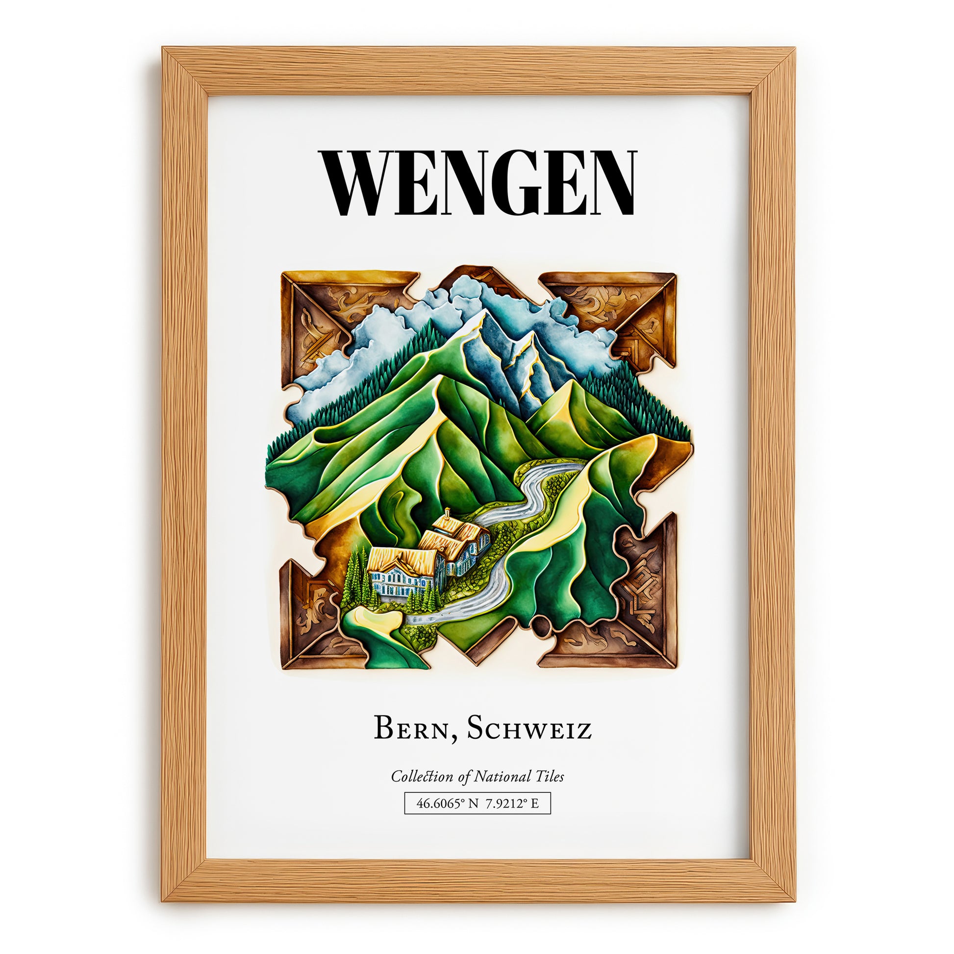 Wengen, Switzerland – Travel Poster, set in oak frame
