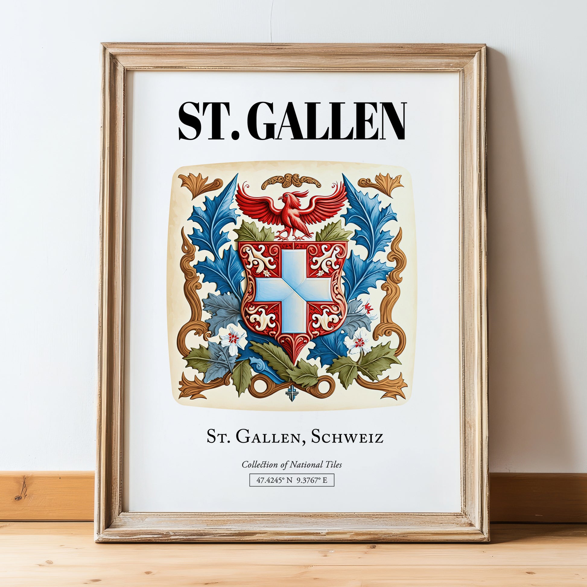 St. Gallen, Switzerland – Wanderlust-Inspired Poster, in wooden frame leaning on the floor