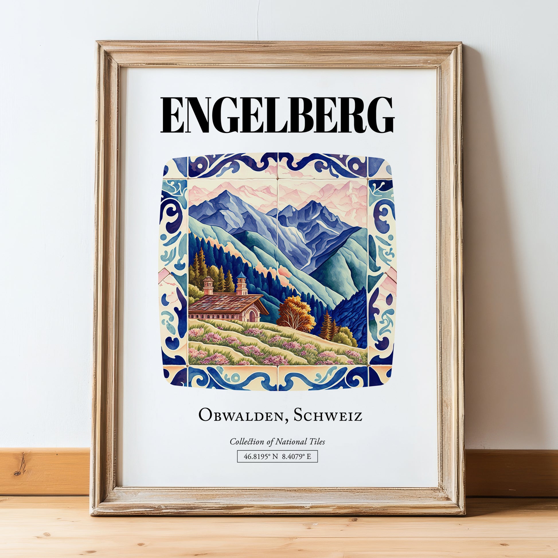 Engelberg, Switzerland – Vintage Travel Poster, in wooden frame leaning on the floor