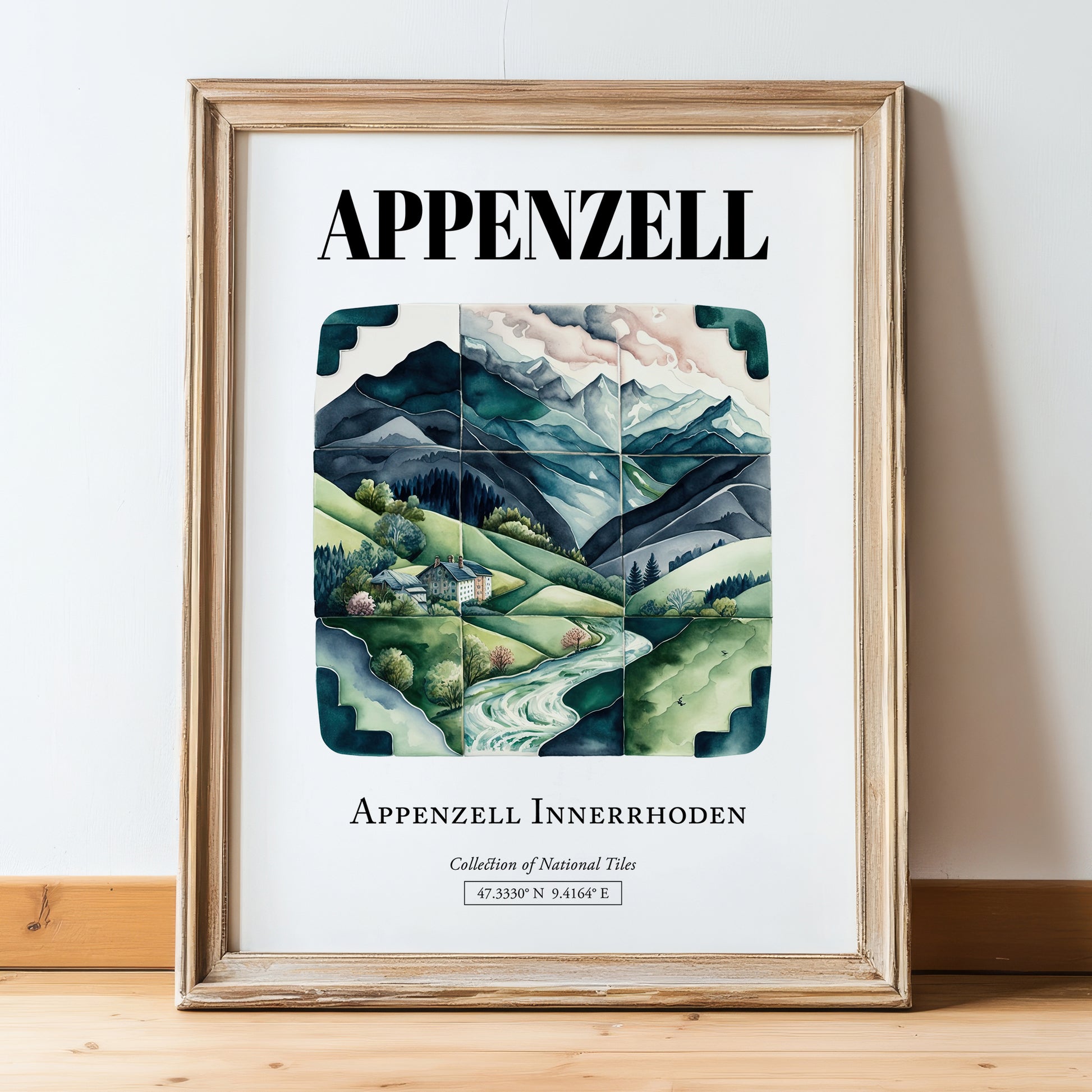 Appenzell, Switzerland – Illustrated Travel Poster, in wooden frame leaning on the floor