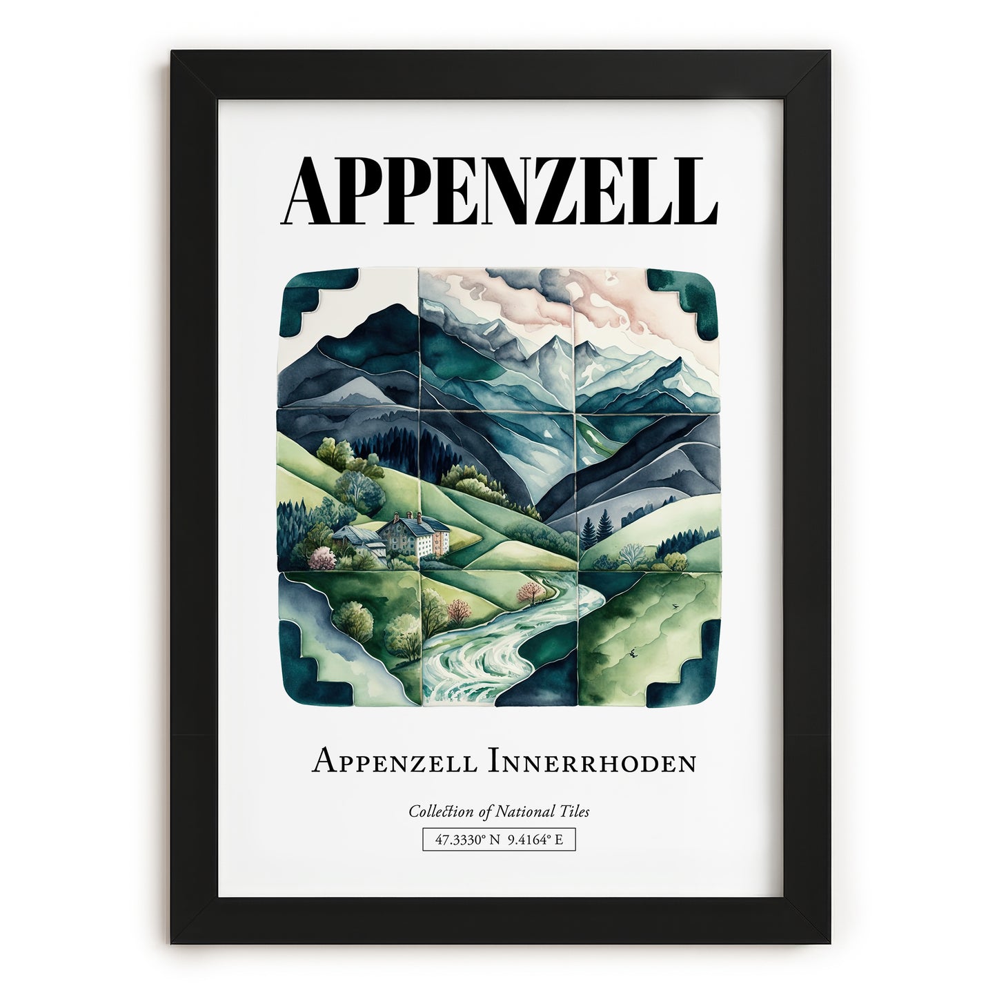 Appenzell, Switzerland – Illustrated Travel Poster, in sleek black frame