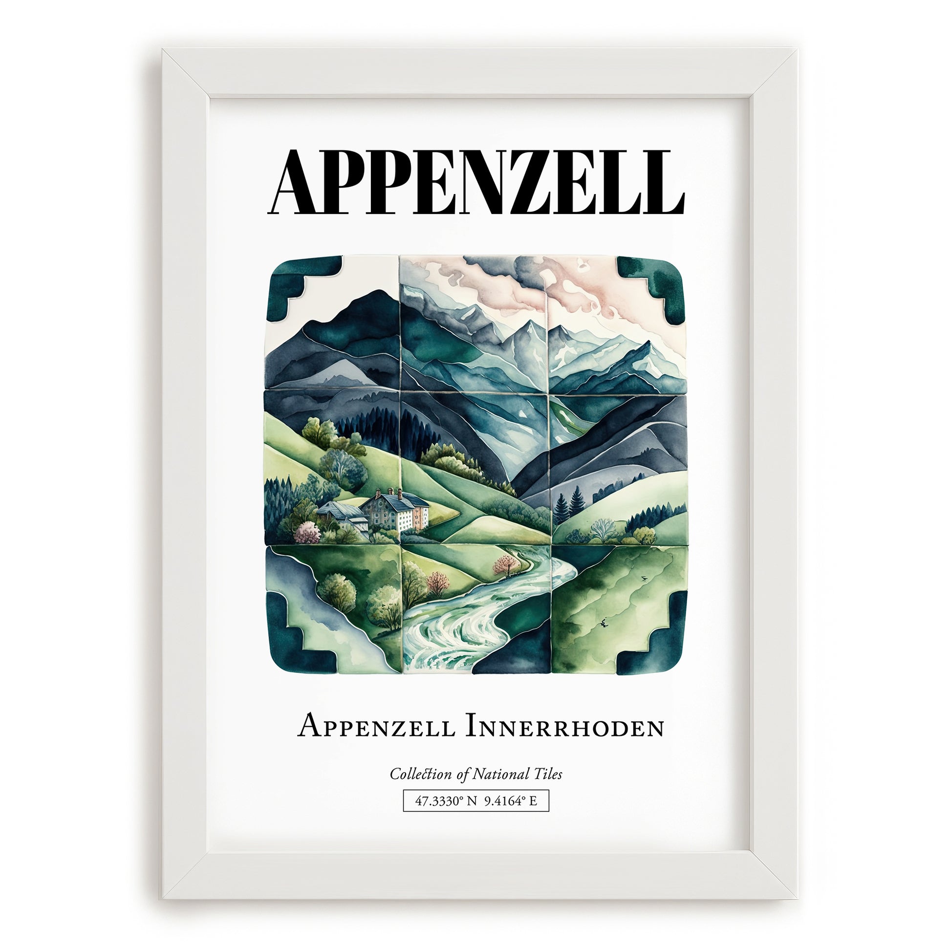 Appenzell, Switzerland – Illustrated Travel Poster, placed in minimal white frame