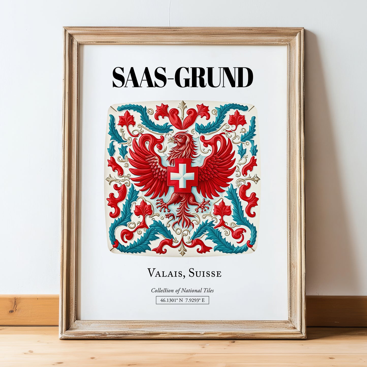 Saas-grund, Switzerland – Travel Poster, in wooden frame leaning on the floor