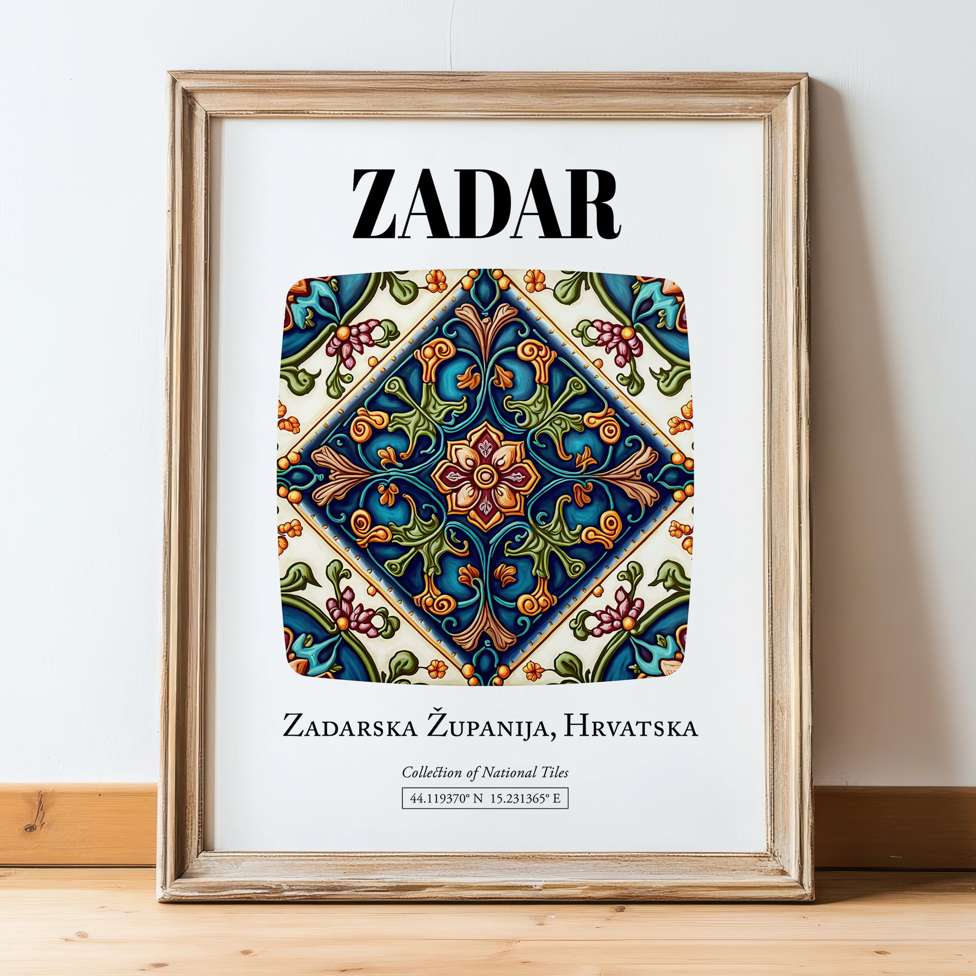 Zadar, Croatia – Minimalist Travel Print, in wooden frame leaning on the floor