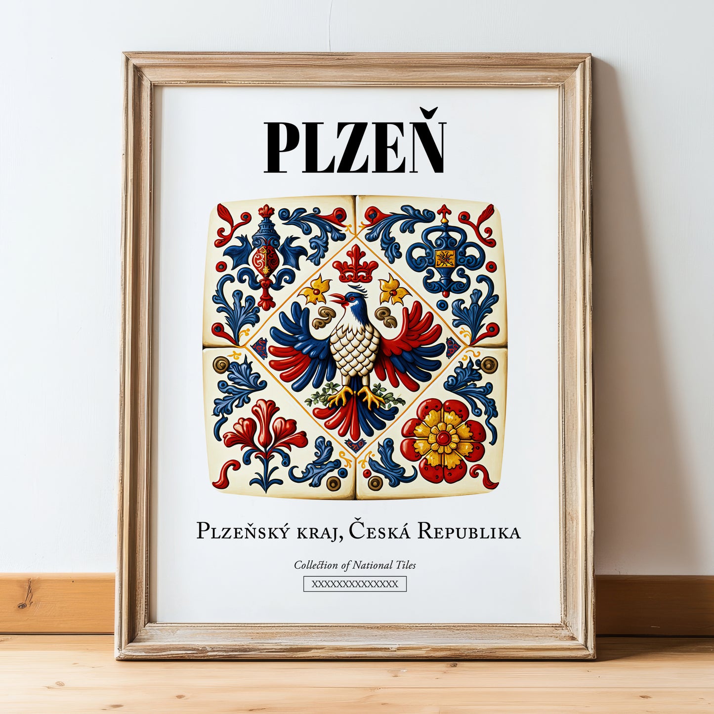 Plzeň, Czech Republic – Travel Print, in wooden frame leaning on the floor