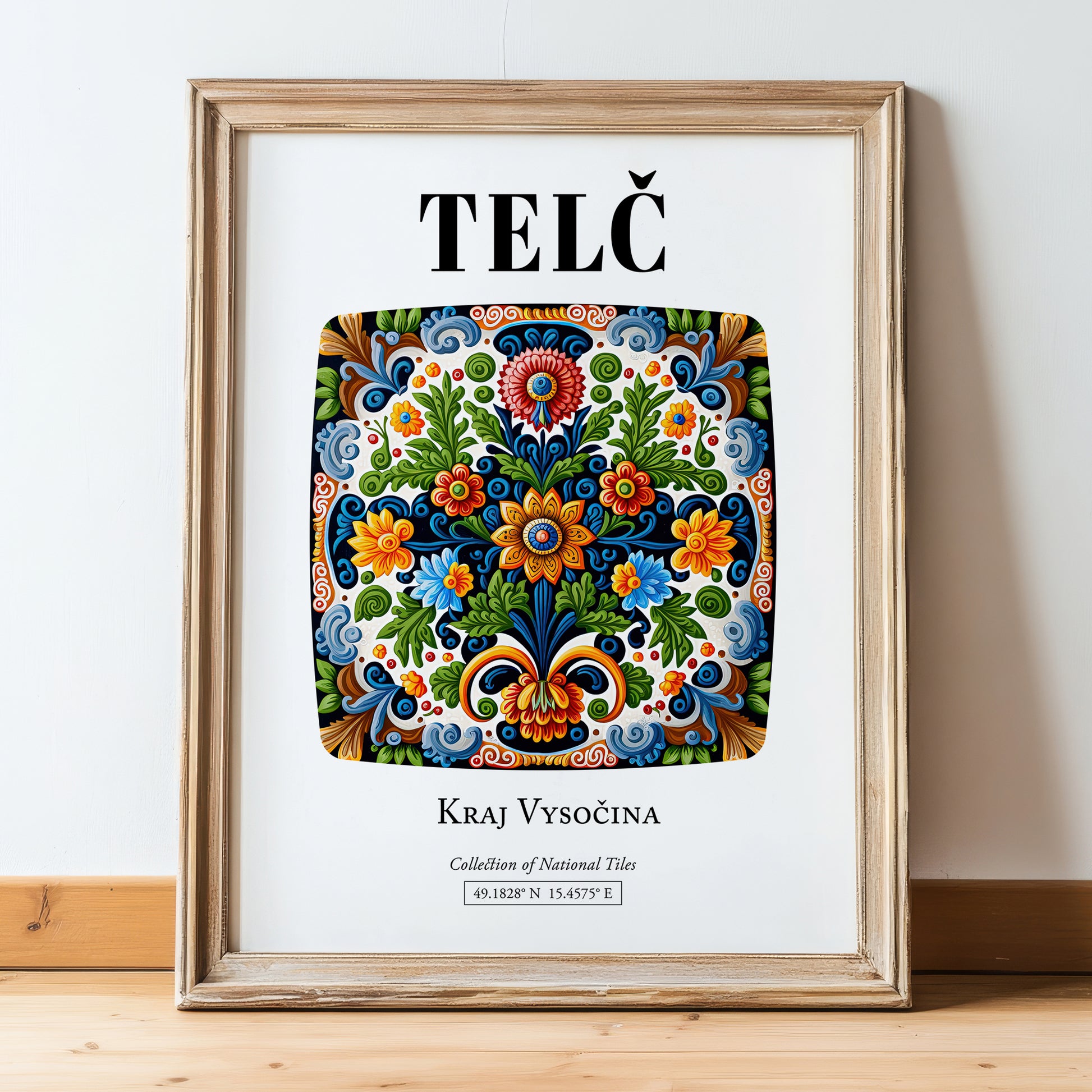 Telč, Czech Republic – Illustrated Travel Poster, in wooden frame leaning on the floor