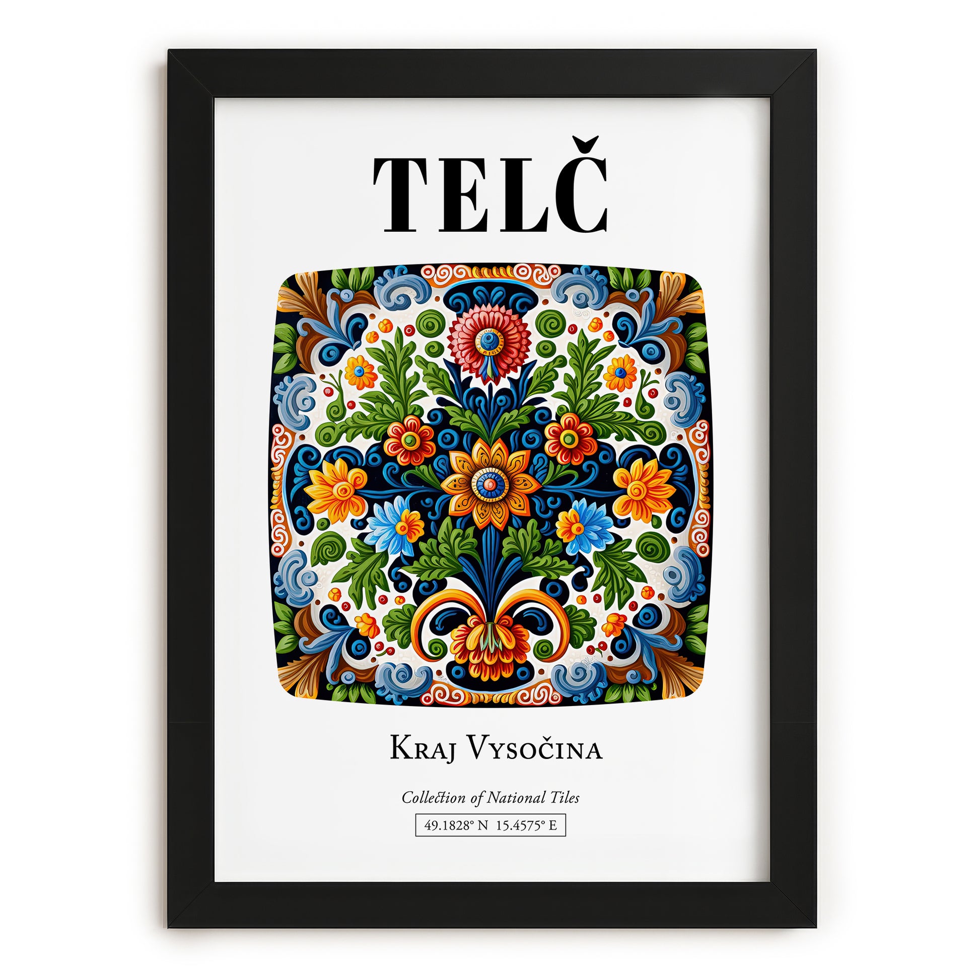 Telč, Czech Republic – Illustrated Travel Poster, in sleek black frame
