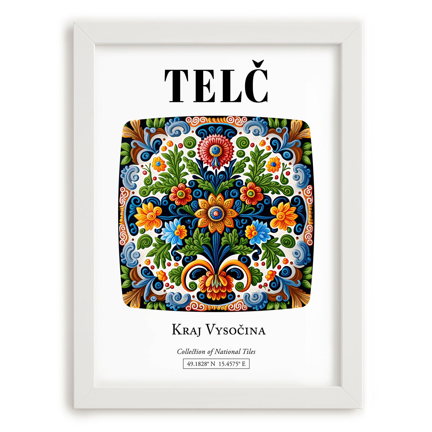Telč, Czech Republic – Illustrated Travel Poster, placed in minimal white frame