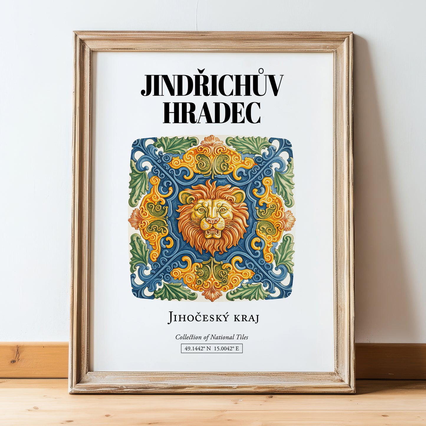 Jindřichův Hradec, Czech Republic – Travel Poster, in wooden frame leaning on the floor
