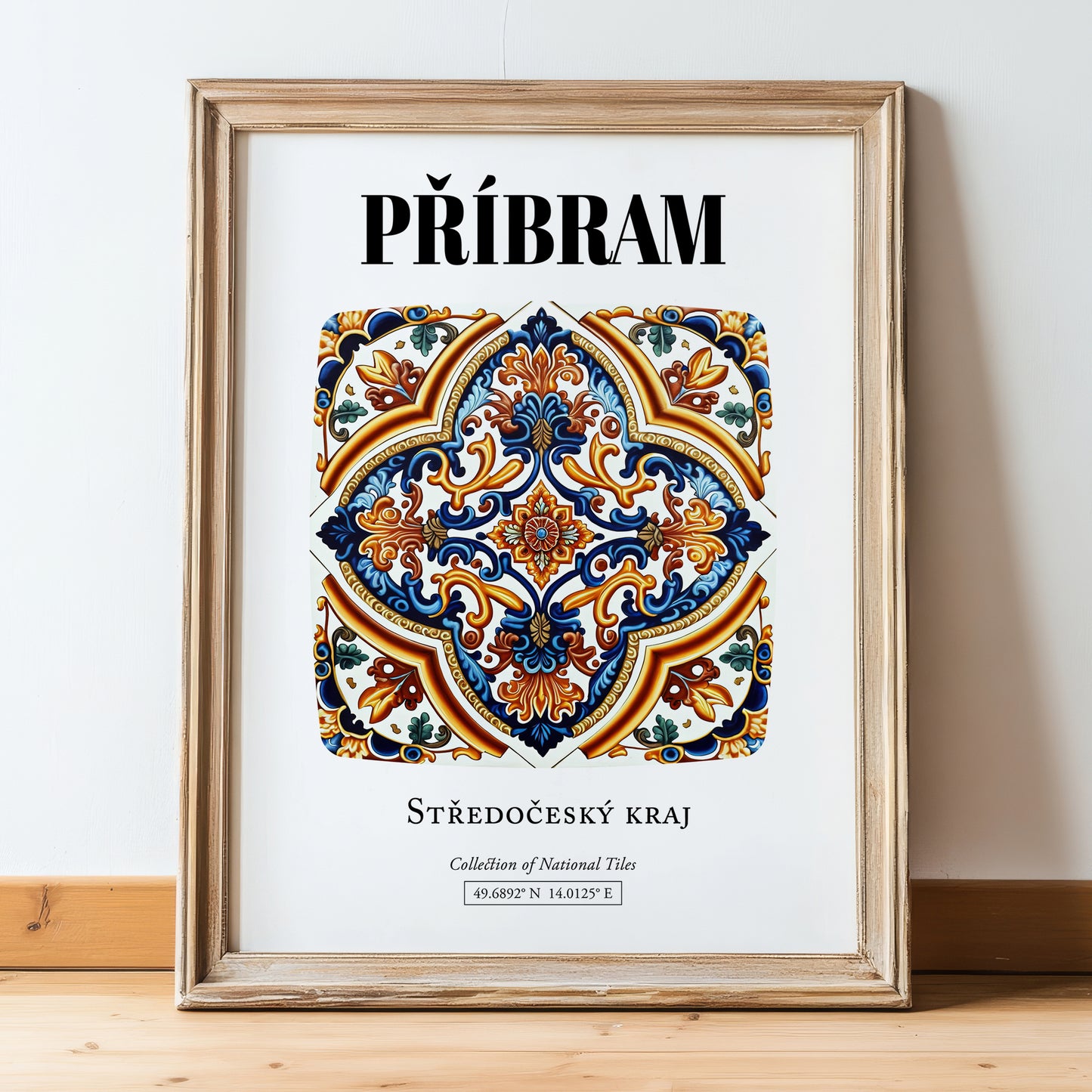 Příbram, Czech Republic – Travel Poster, in wooden frame leaning on the floor