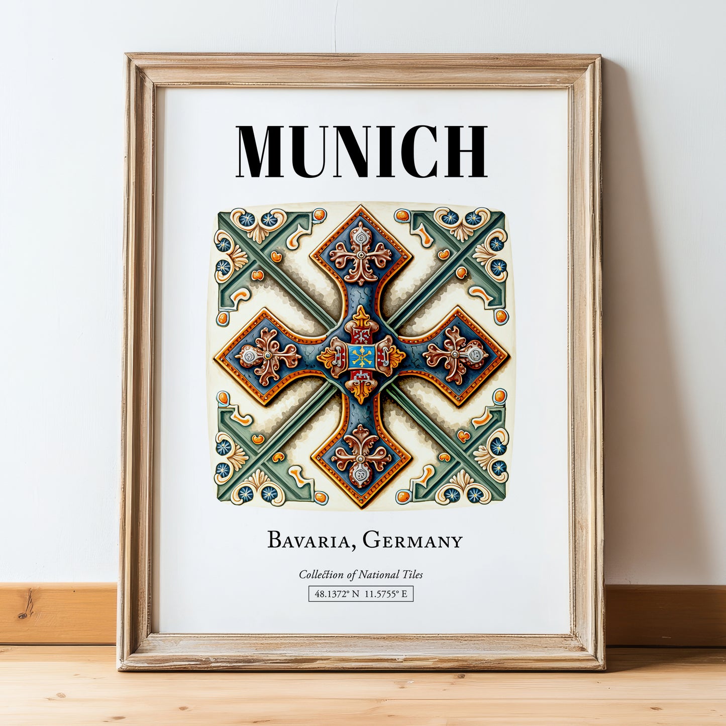 Munich, Germany – Travel Print, in wooden frame leaning on the floor