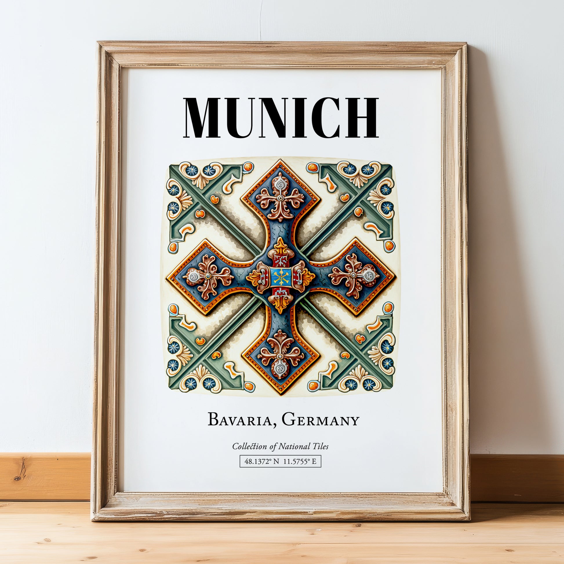 Munich, Germany – Travel Print, in wooden frame leaning on the floor