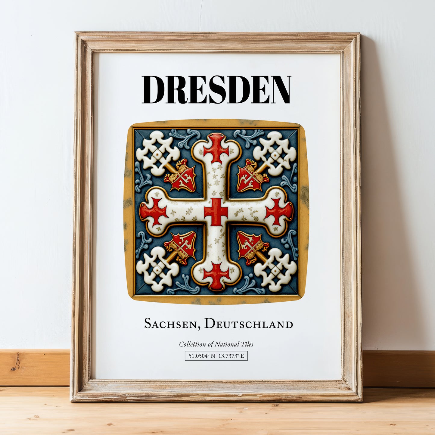 Dresden, Germany – Travel Poster, in wooden frame leaning on the floor