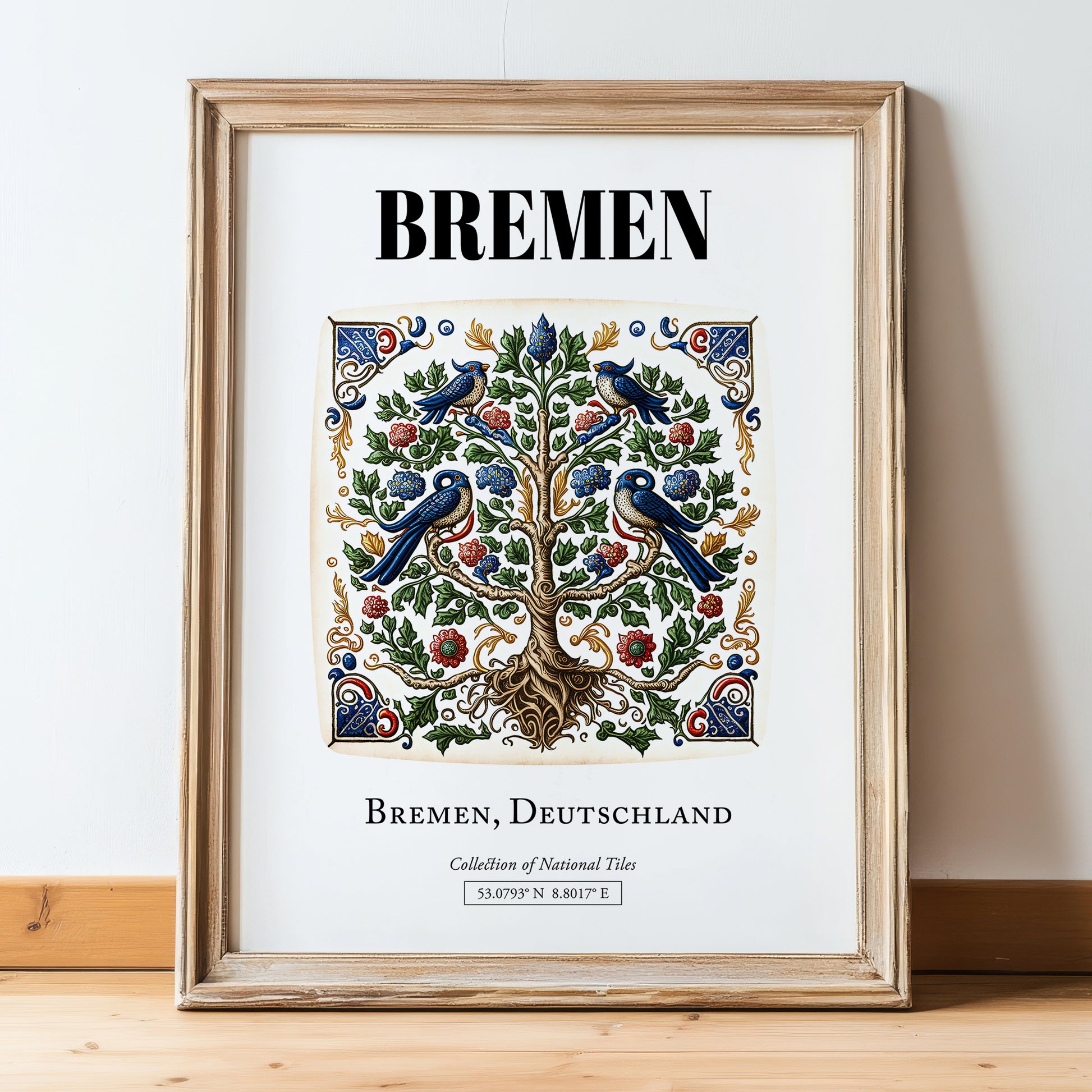 Bremen, Germany – Wanderlust-Inspired Poster, in wooden frame leaning on the floor