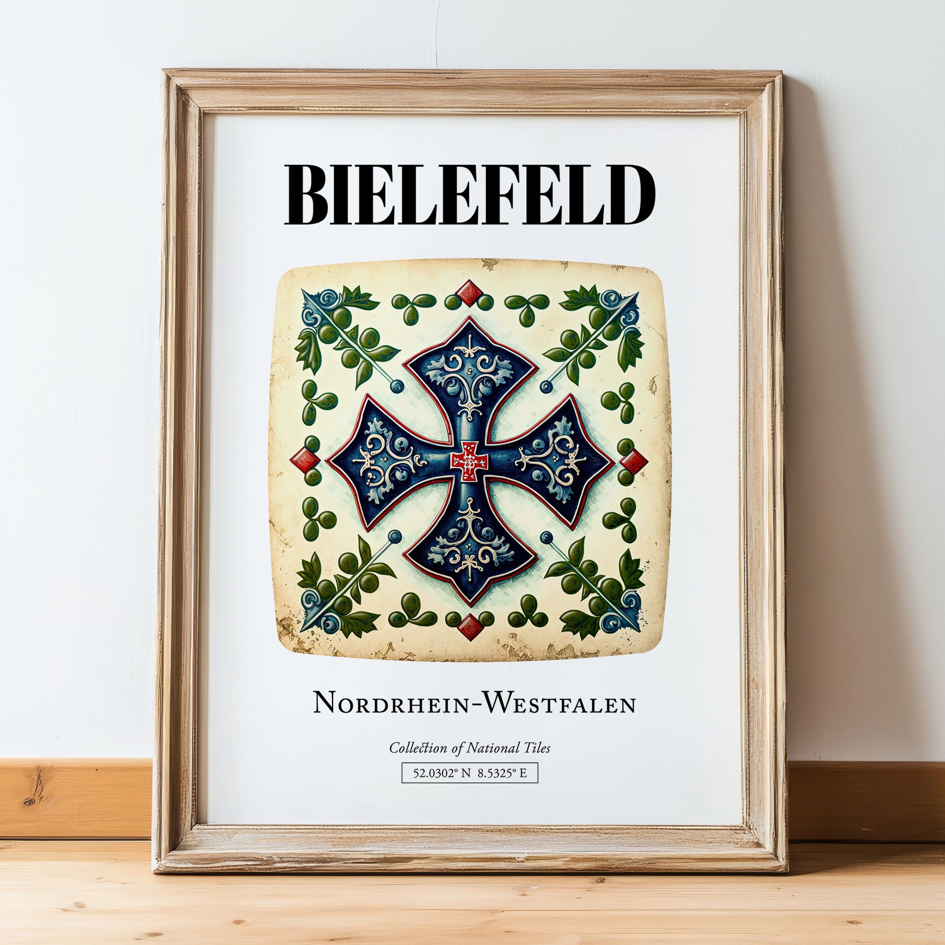 Bielefeld, Germany – Tourist Destination Poster, in wooden frame leaning on the floor