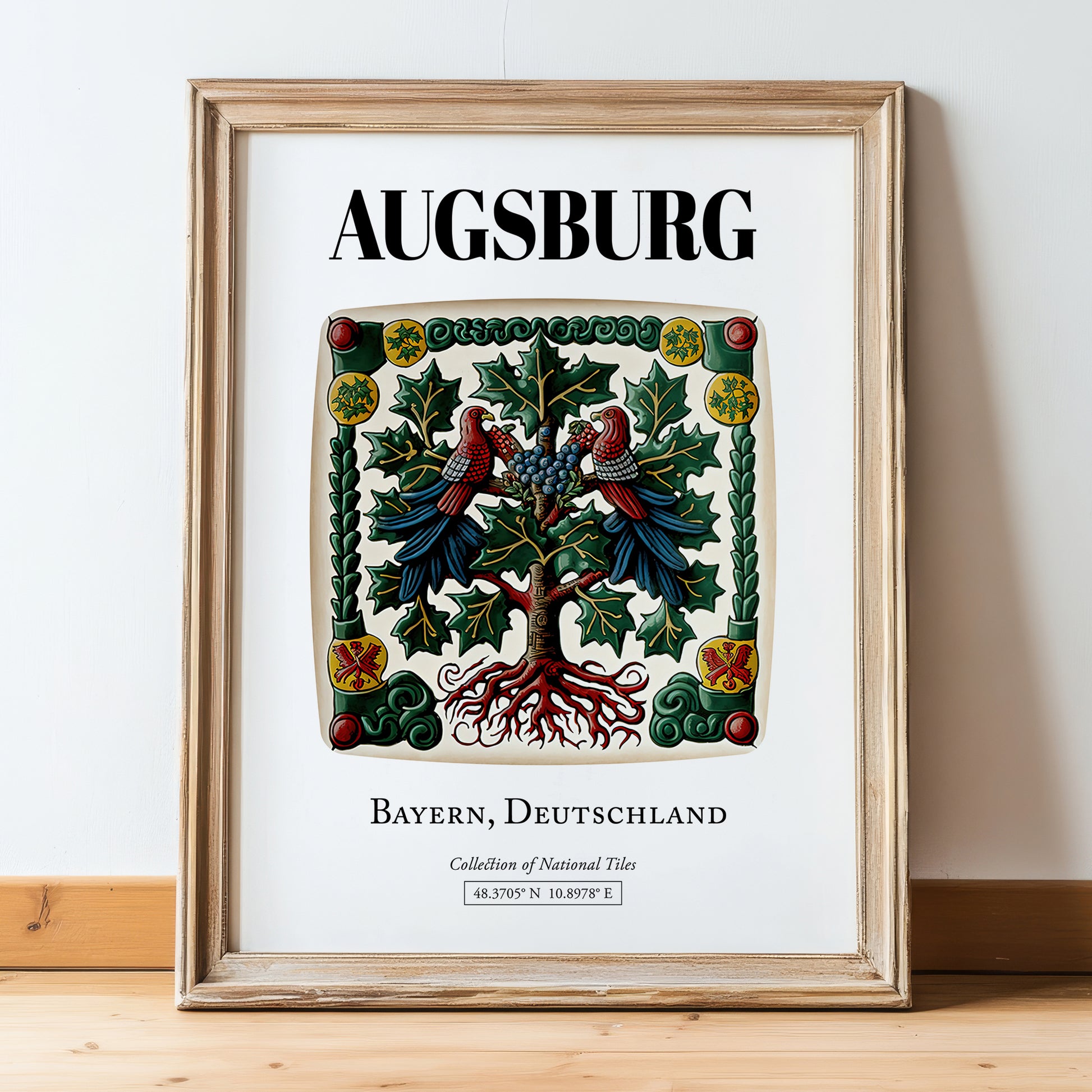Augsburg, Germany – Travel Poster, in wooden frame leaning on the floor