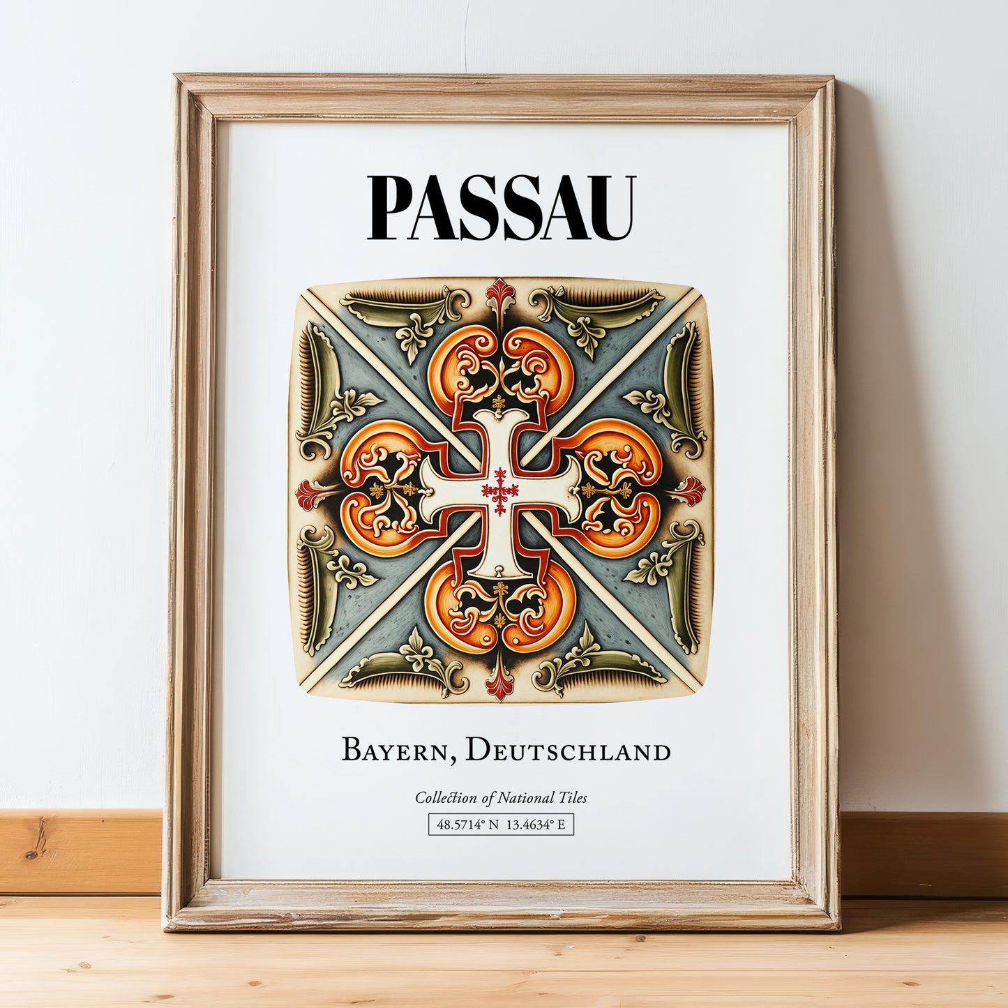 Passau, Germany – Global Cities Wall Print, in wooden frame leaning on the floor