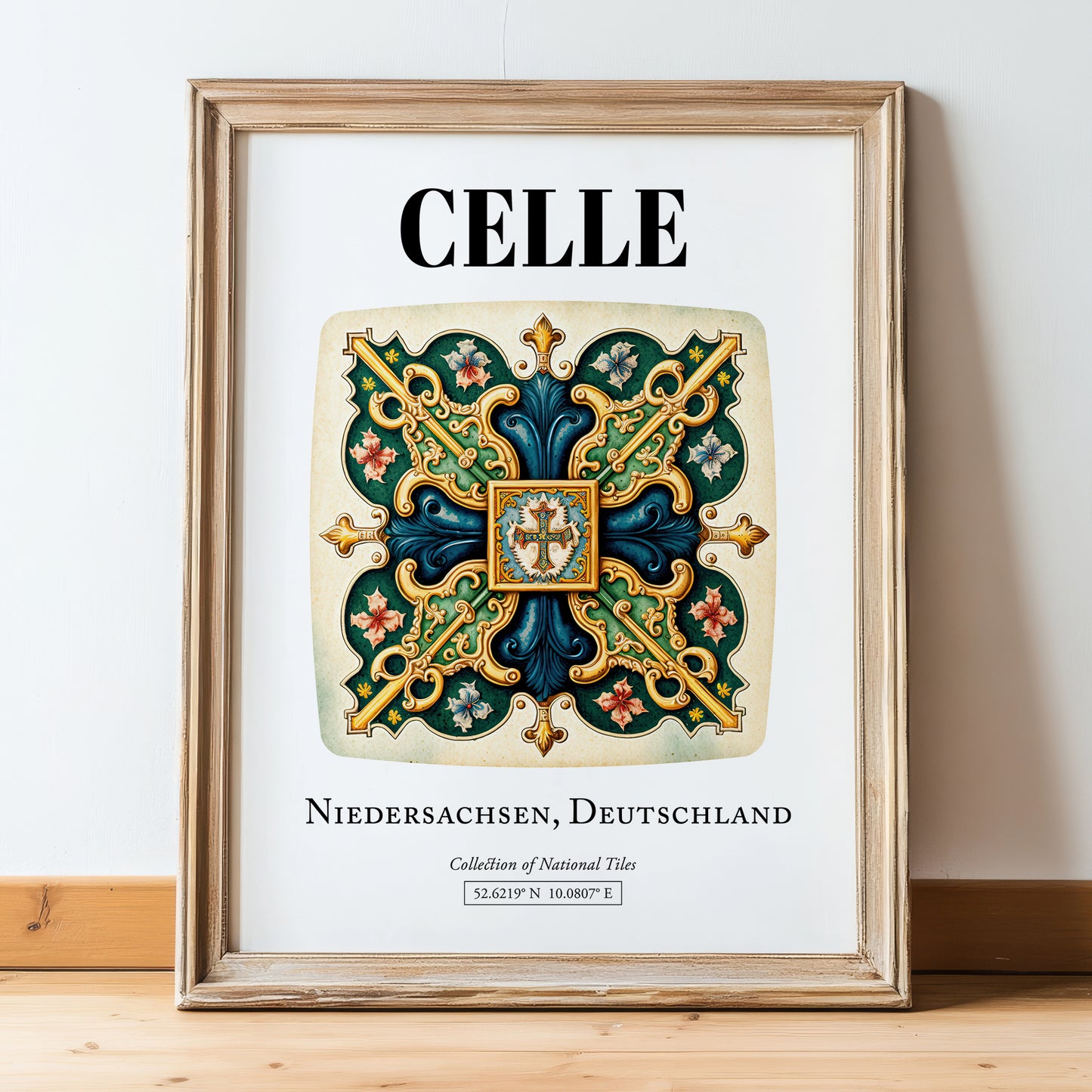 Celle, Germany – Travel Poster, in wooden frame leaning on the floor