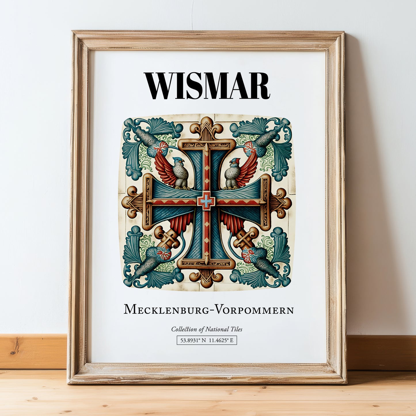 Wismar, Germany – Travel Poster, in wooden frame leaning on the floor