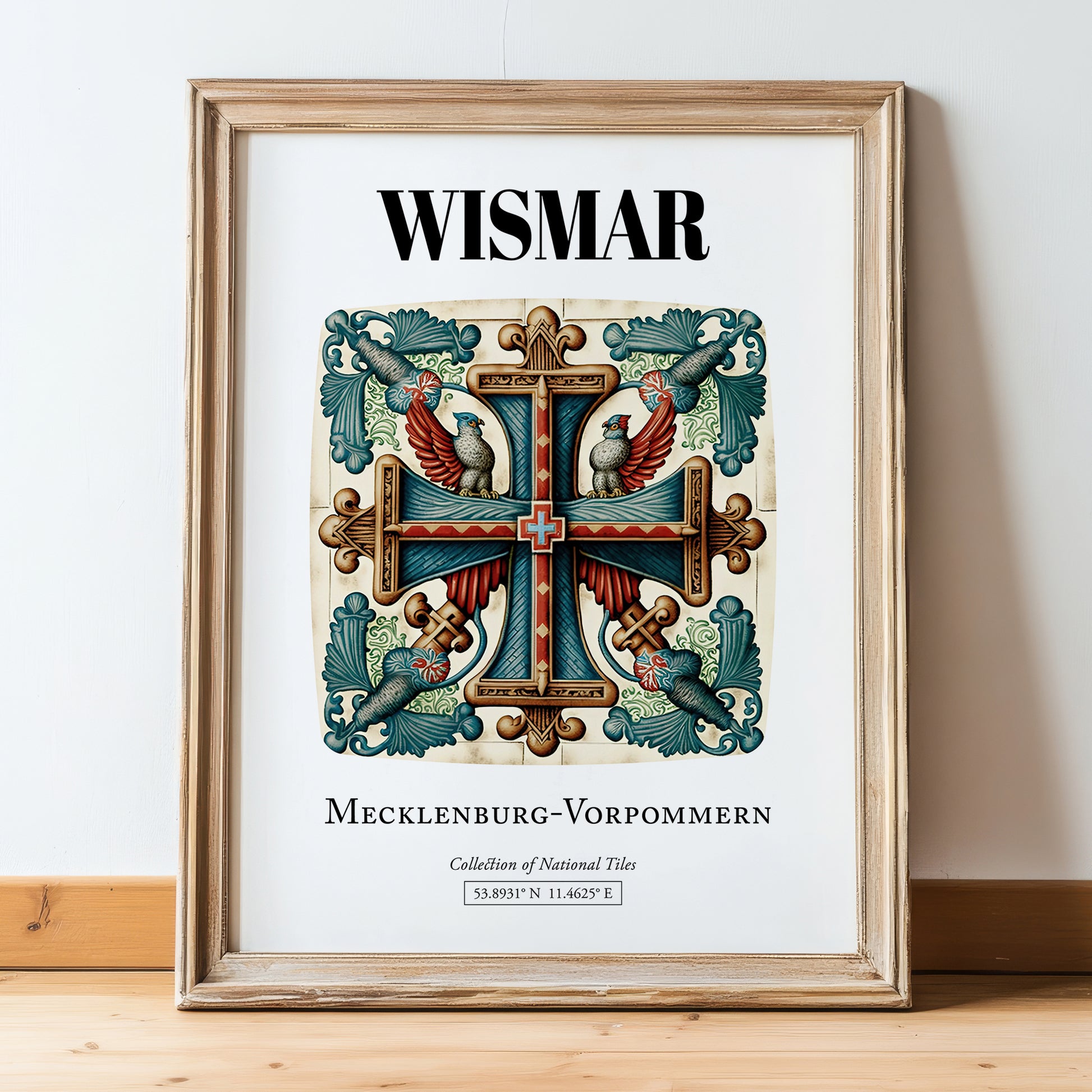 Wismar, Germany – Travel Poster, in wooden frame leaning on the floor