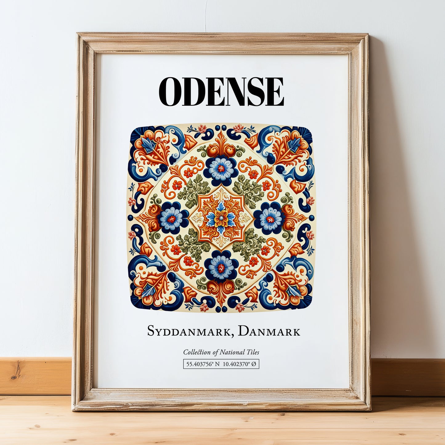 Odense, Denmark – Illustrated Travel Poster, in wooden frame leaning on the floor