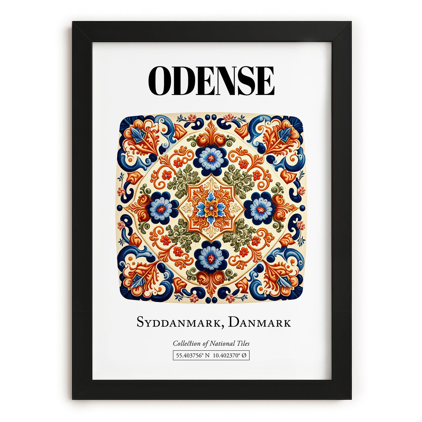 Odense, Denmark – Illustrated Travel Poster, in sleek black frame