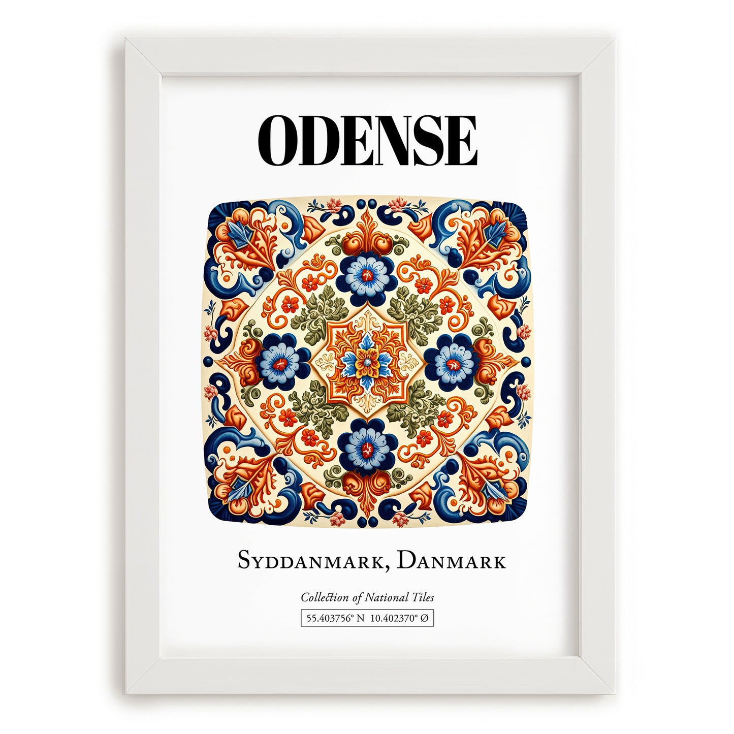 Odense, Denmark – Illustrated Travel Poster, placed in minimal white frame