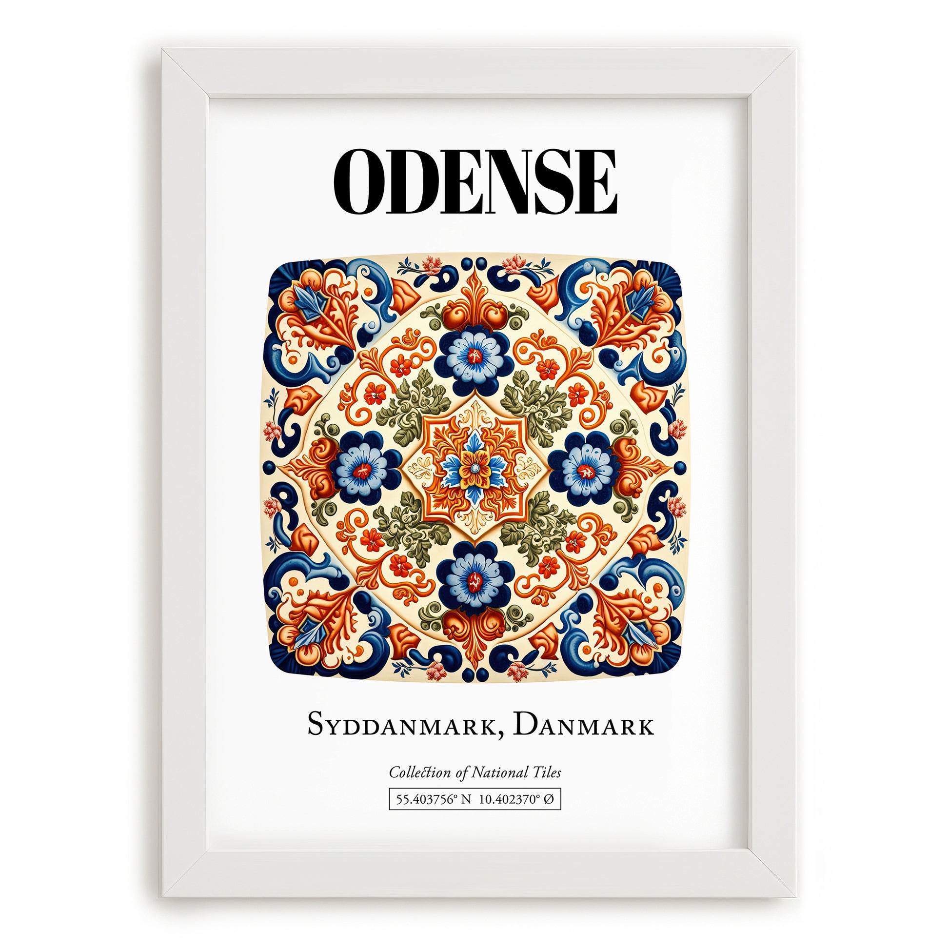 Odense, Denmark – Illustrated Travel Poster, placed in minimal white frame