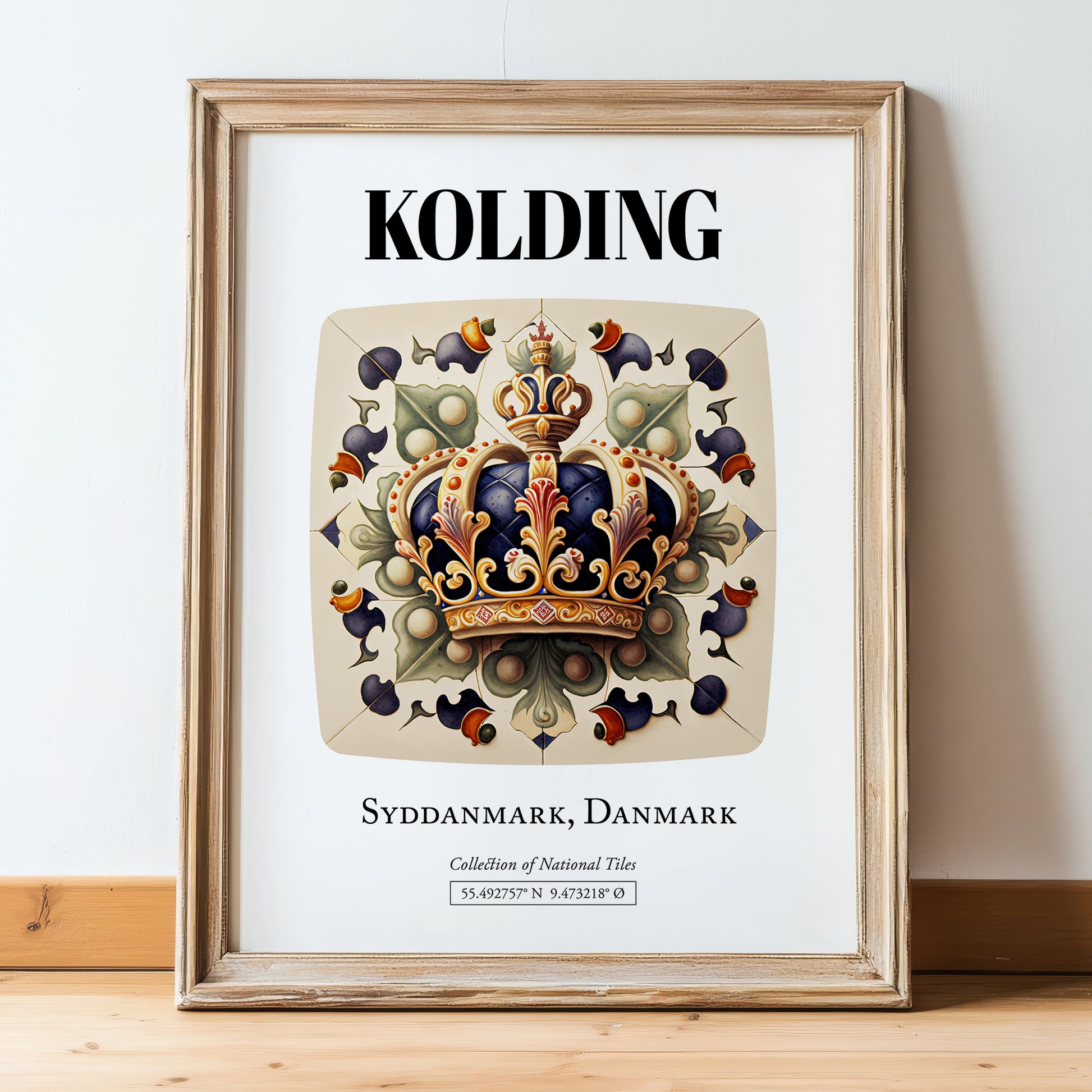 Kolding, Denmark – Travel Poster, in wooden frame leaning on the floor