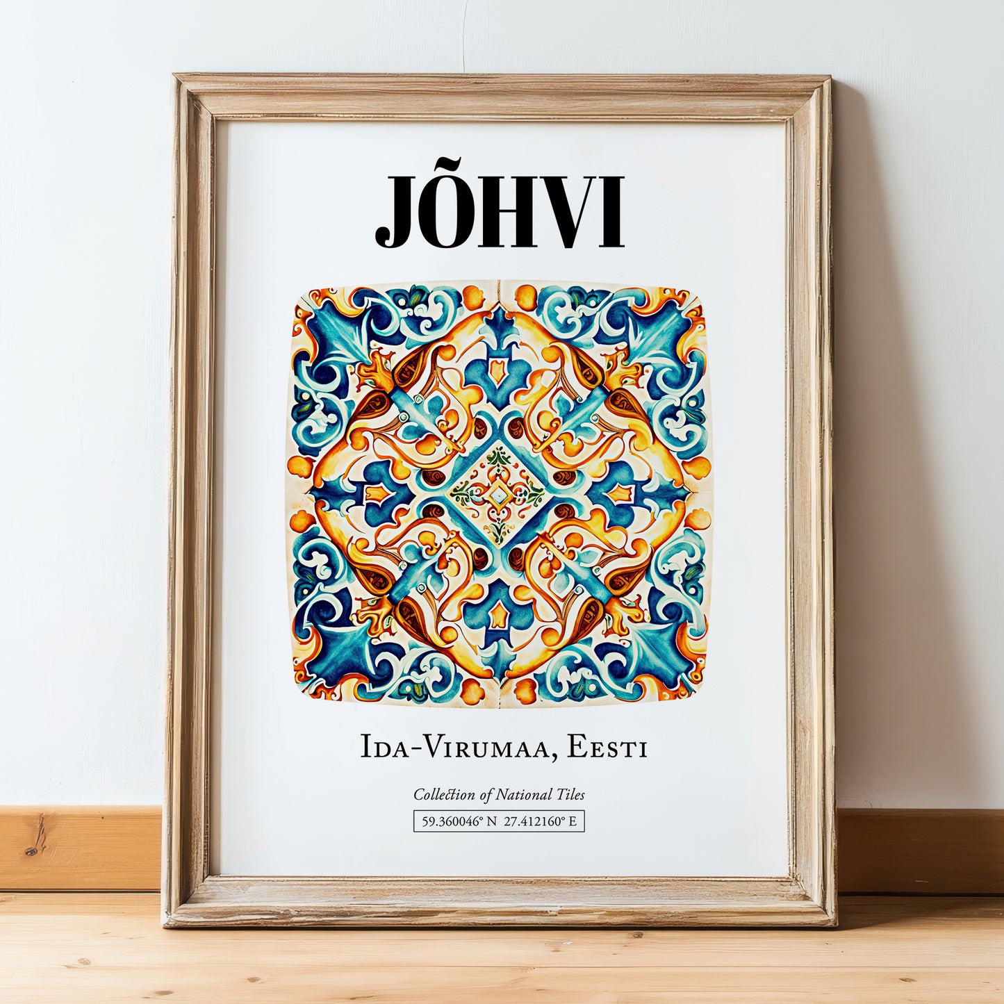 Jõhvi, Estonia – Travel Wall Art, in wooden frame leaning on the floor
