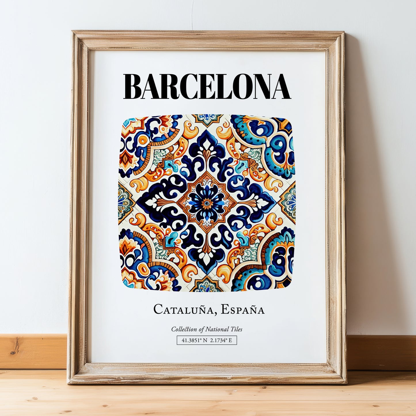 Barcelona, Spain – Travel Print, in wooden frame leaning on the floor