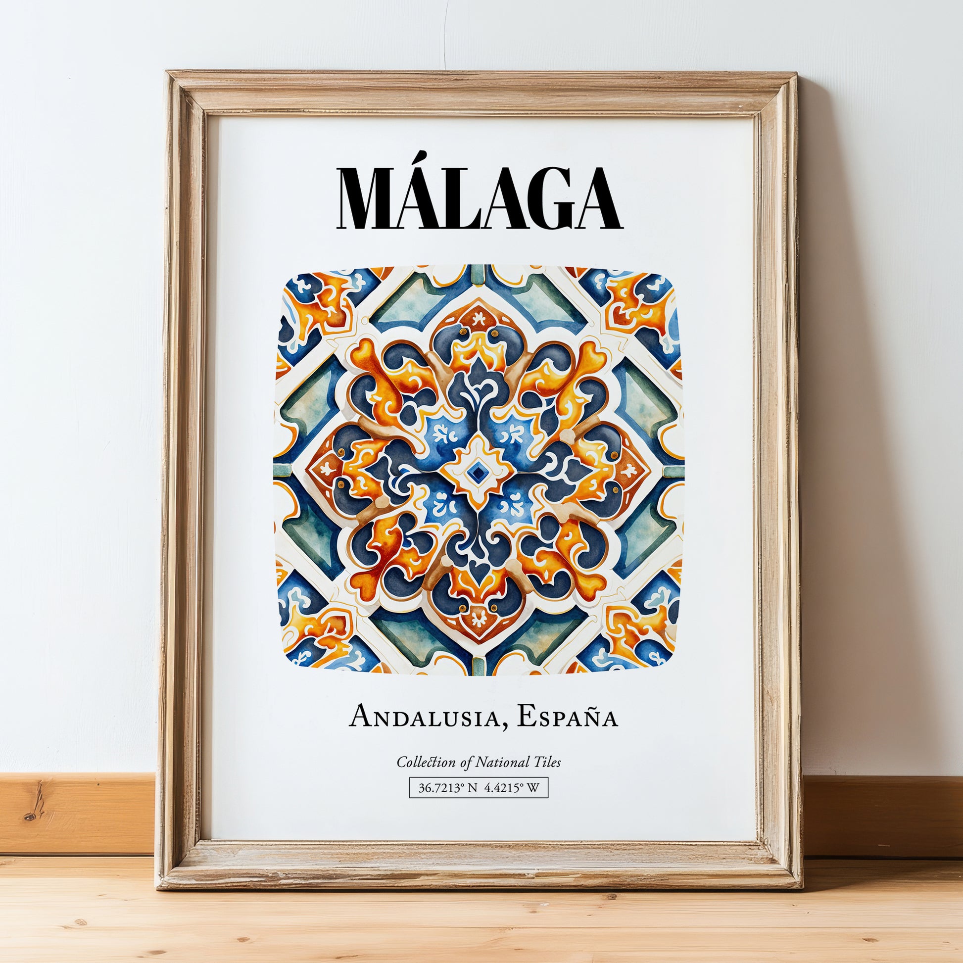 Málaga, Spain – Travel Wall Decor, in wooden frame leaning on the floor