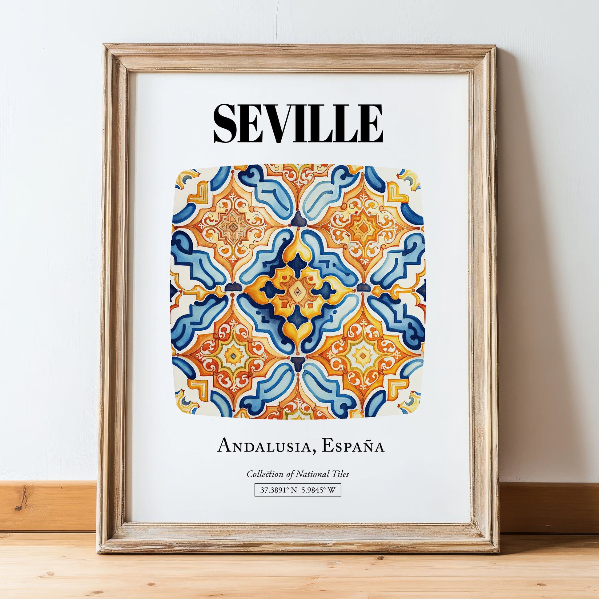 Seville, Spain – Travel Poster, in wooden frame leaning on the floor