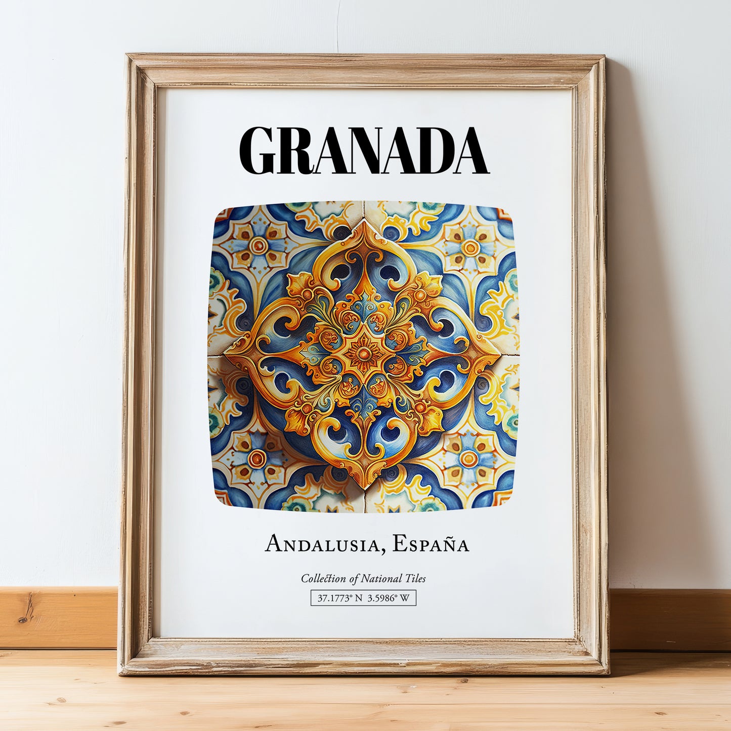 Granada, Spain – Travel Poster, in wooden frame leaning on the floor