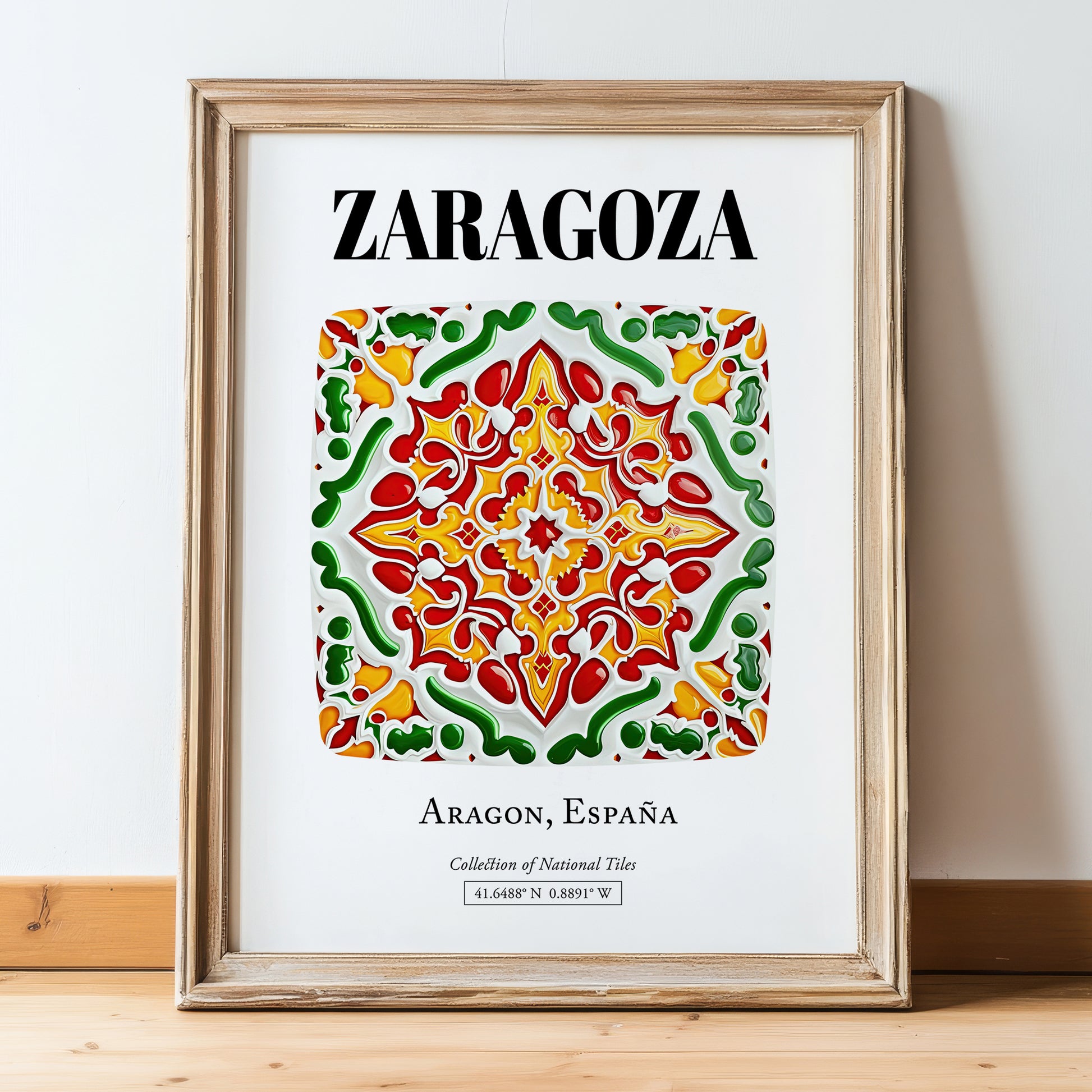 Zaragoza, Spain – Travel Poster, in wooden frame leaning on the floor