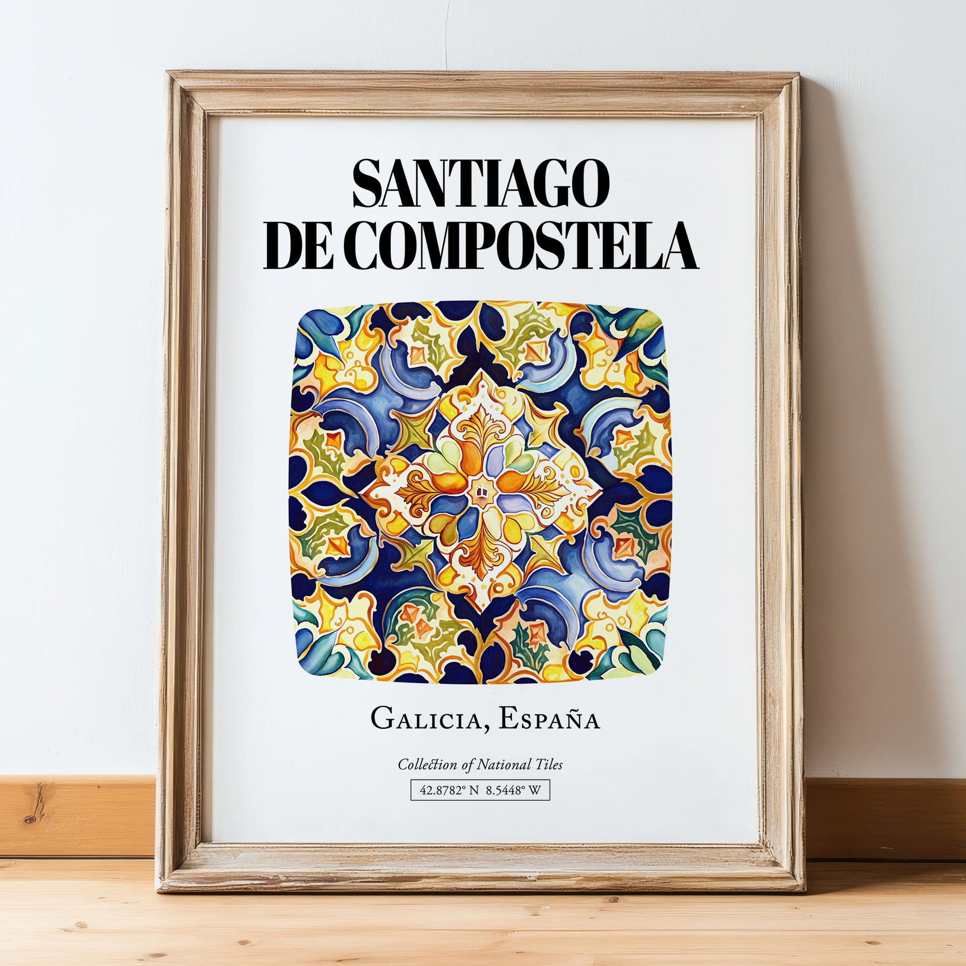 Santiago De Compostela, Spain – Travel Memories Wall Print, in wooden frame leaning on the floor