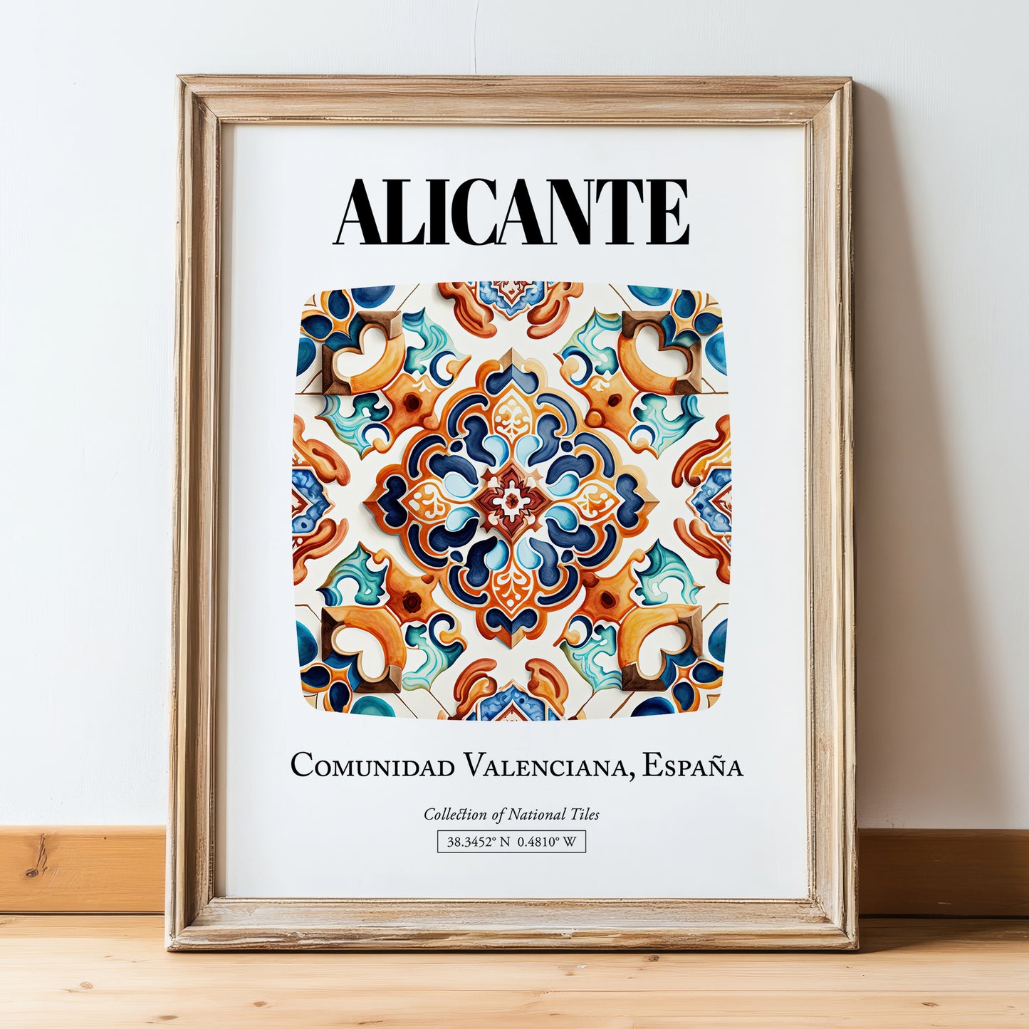 Alicante, Spain – Minimalist Travel Print, in wooden frame leaning on the floor