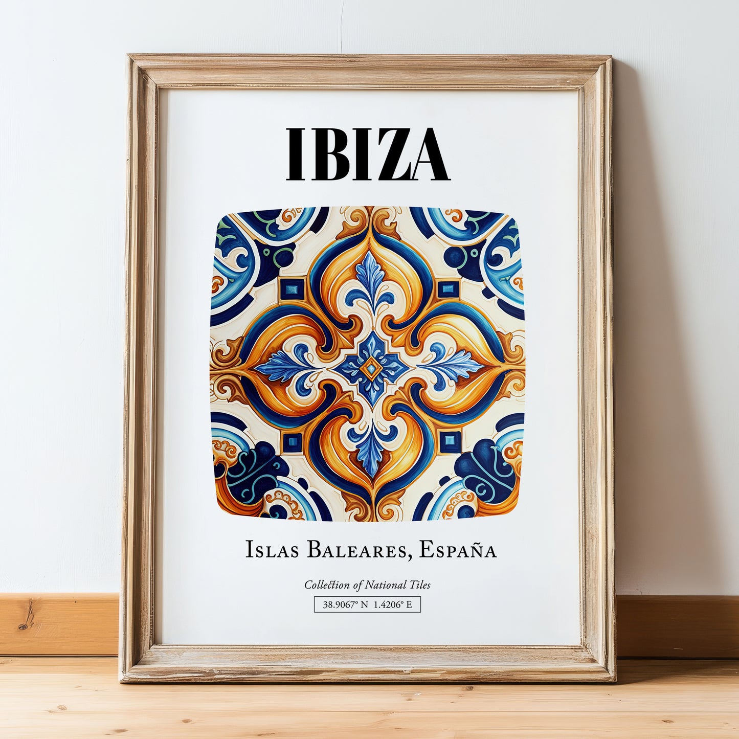 Ibiza, Spain – Historic Cities Art Print, in wooden frame leaning on the floor