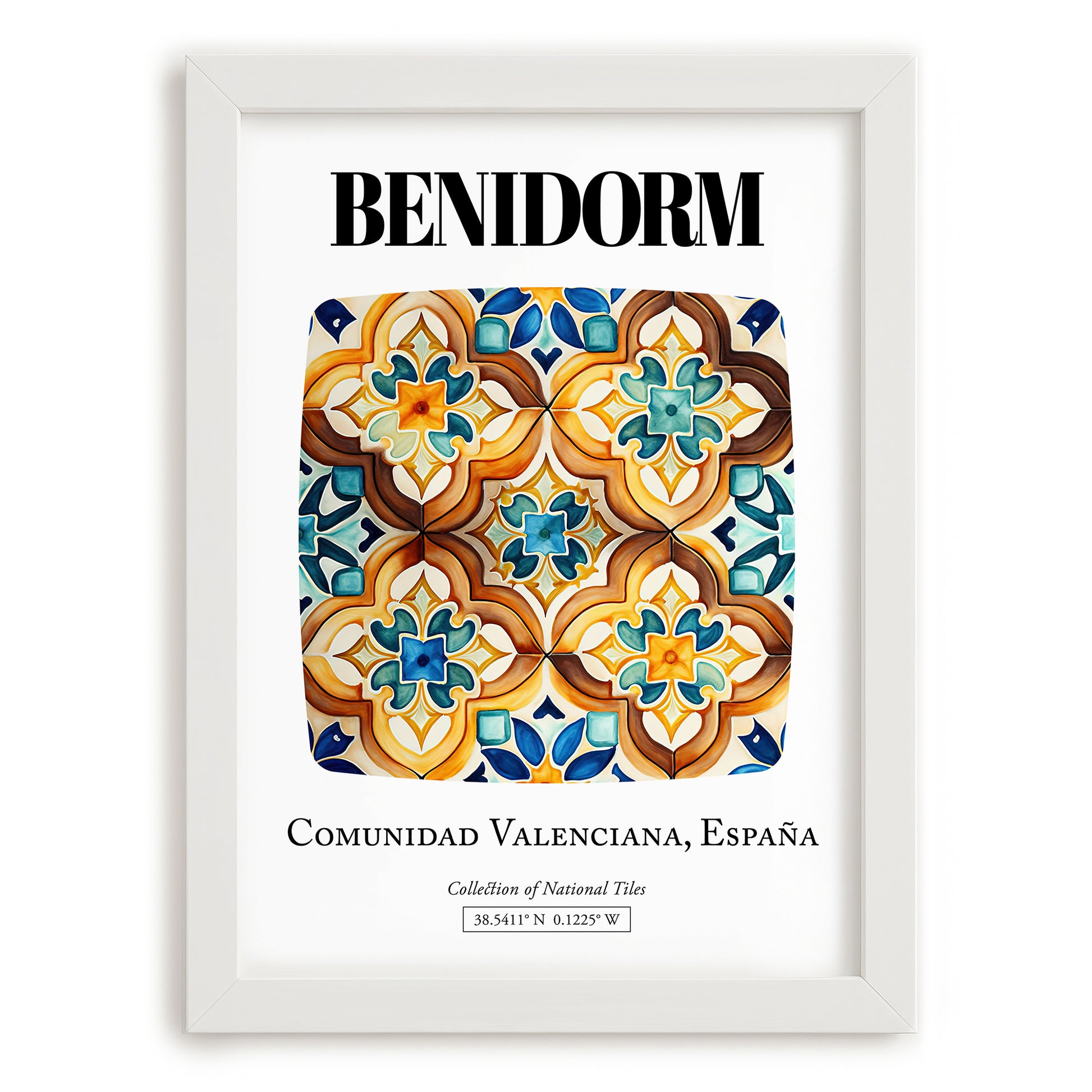 Benidorm, Spain – Retro Travel Poster, placed in minimal white frame
